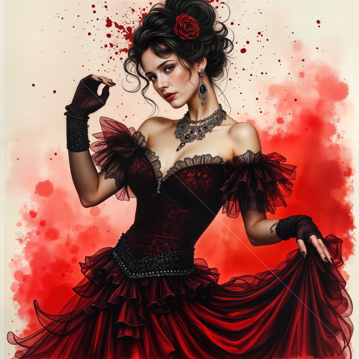 Flamenco dancer twirls in vibrant red dress, showcasing passion and elegance in a captivating watercolor scene