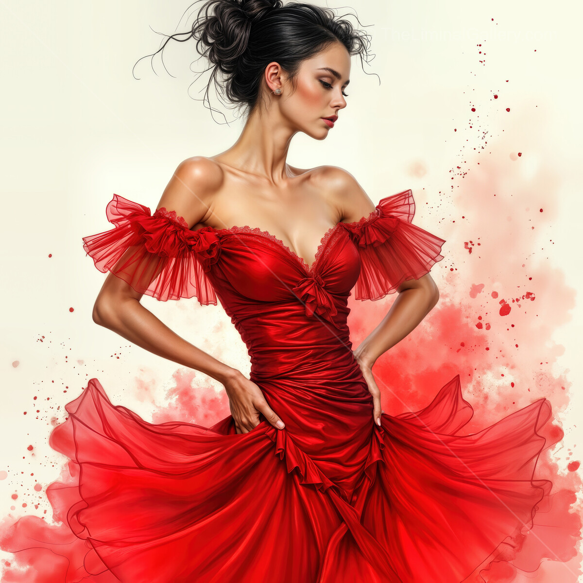 Flamenco dancer in vibrant red dress adorned with flowing ribbons and vivid watercolor splashes, showcasing passion and elegance at sunset