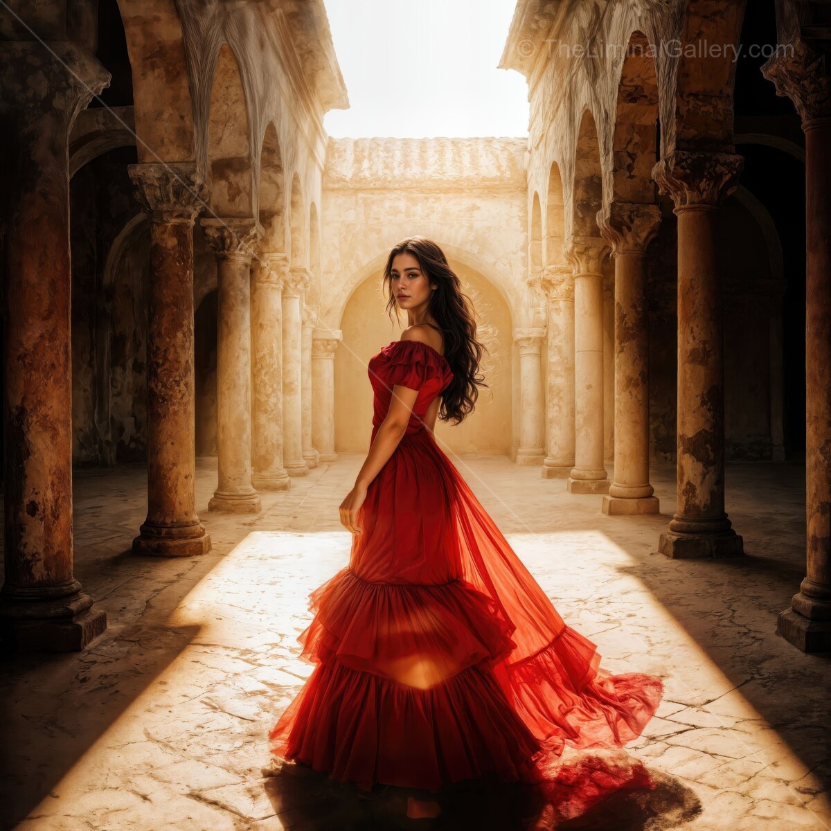 Dancer in a flowing red dress illuminates the ancient courtyard with grace and passion during a sunset performance