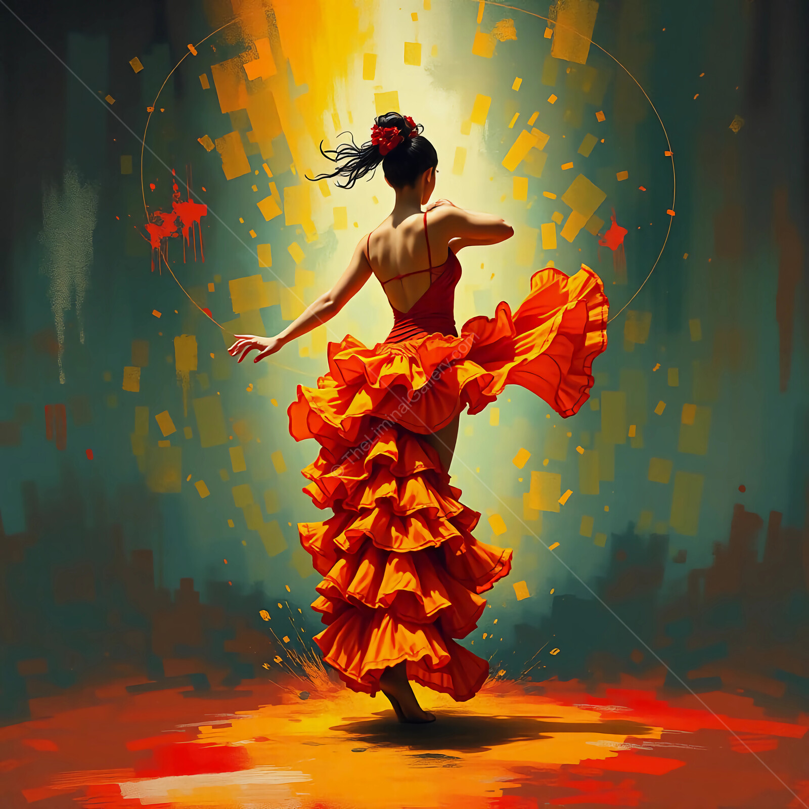 Spirited Flamenco dancer embraces the vibrant essence of flamenco against a bold backdrop of colors