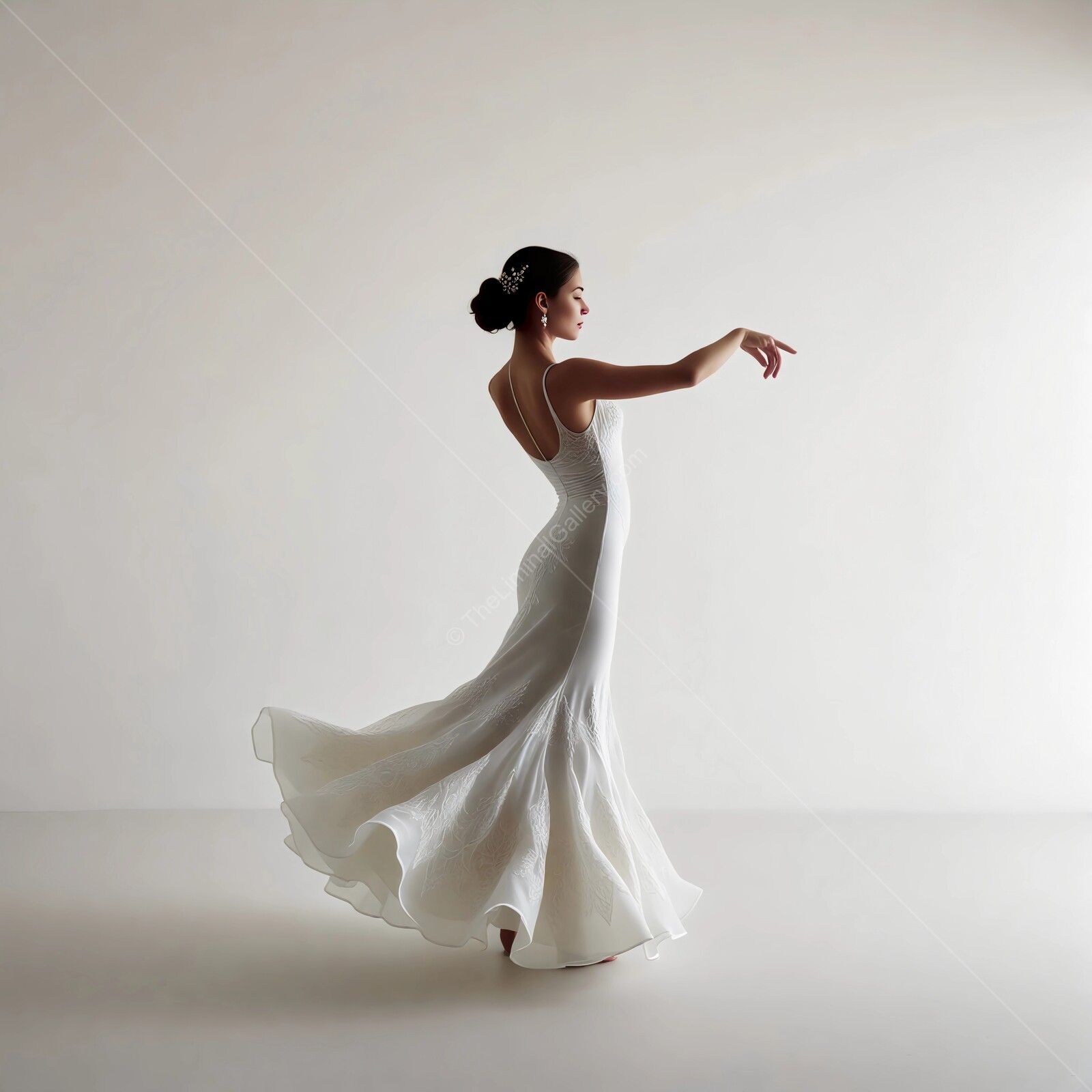 Elegant dancer twirls gracefully in a flowing white gown under soft lighting in a tranquil setting