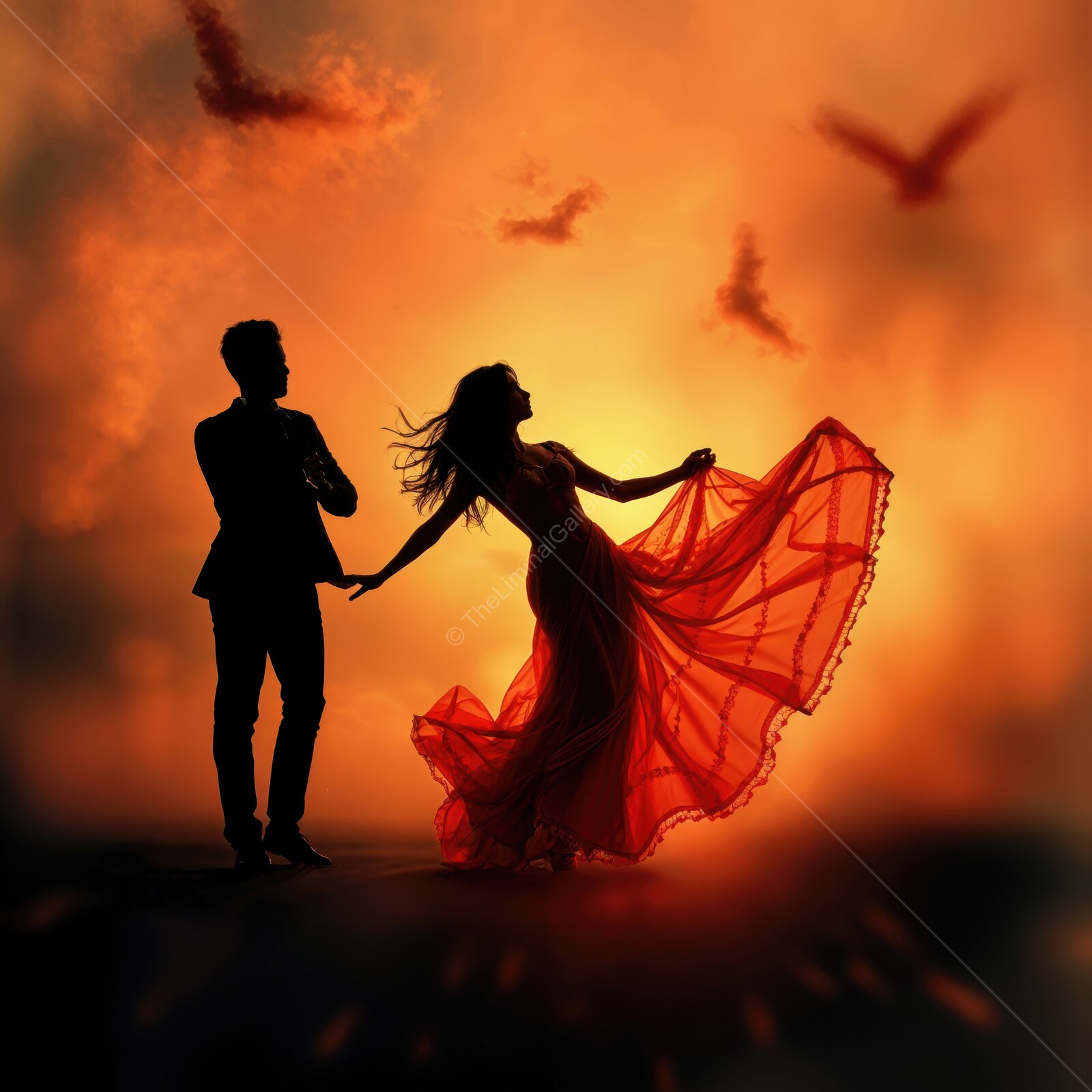 Couple dancing at sunset with flowing fabric creating a dreamy atmosphere amidst soaring birds