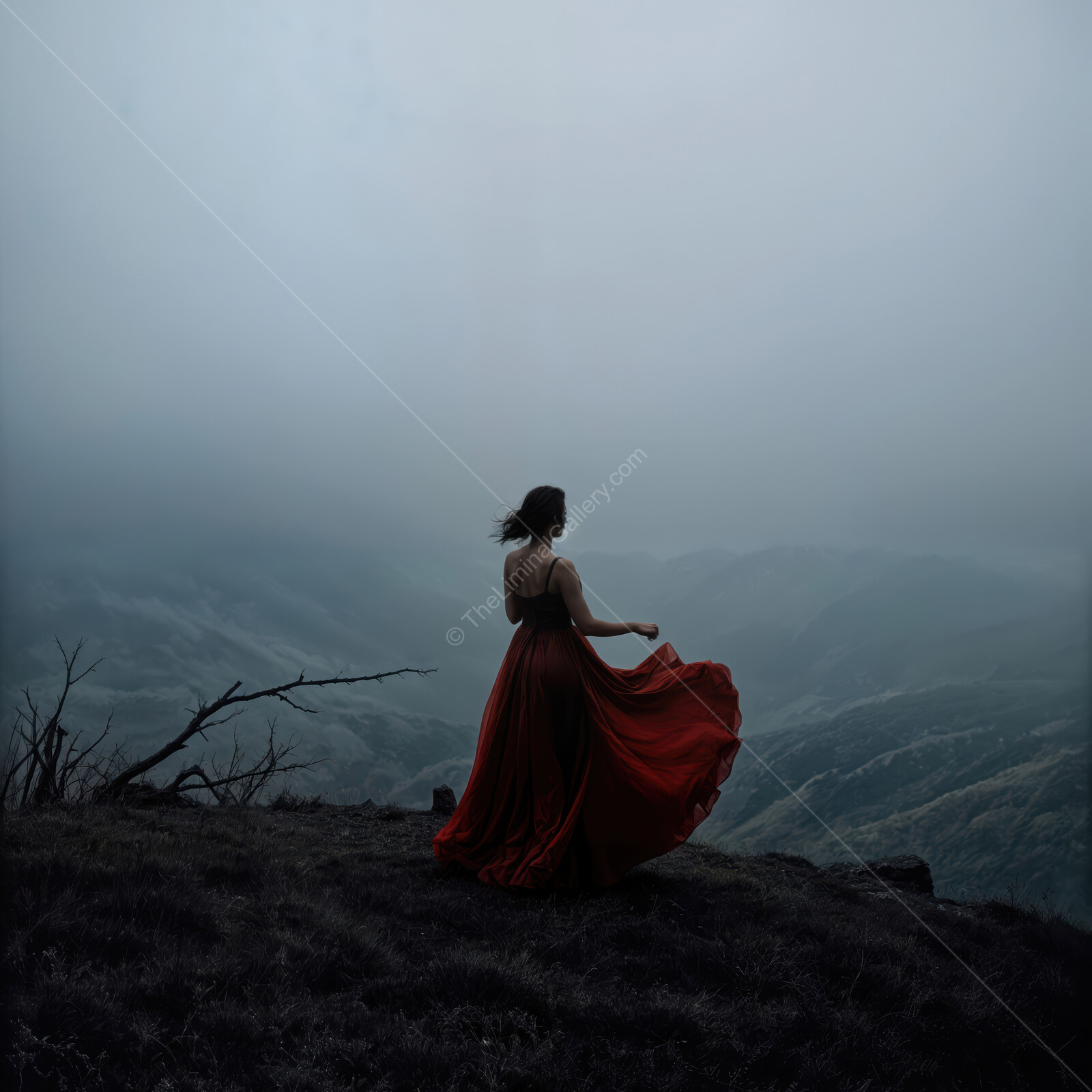 Mystical dance in a foggy landscape at dawn with flowing red gown and graceful movement