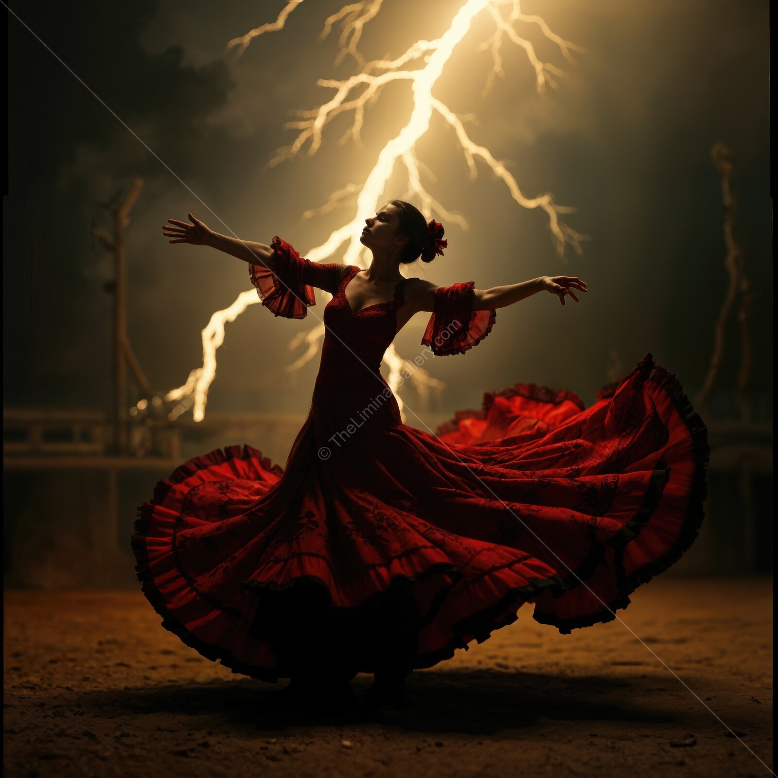 Captivating dance performance illuminated by lightning in a dramatic stormy night