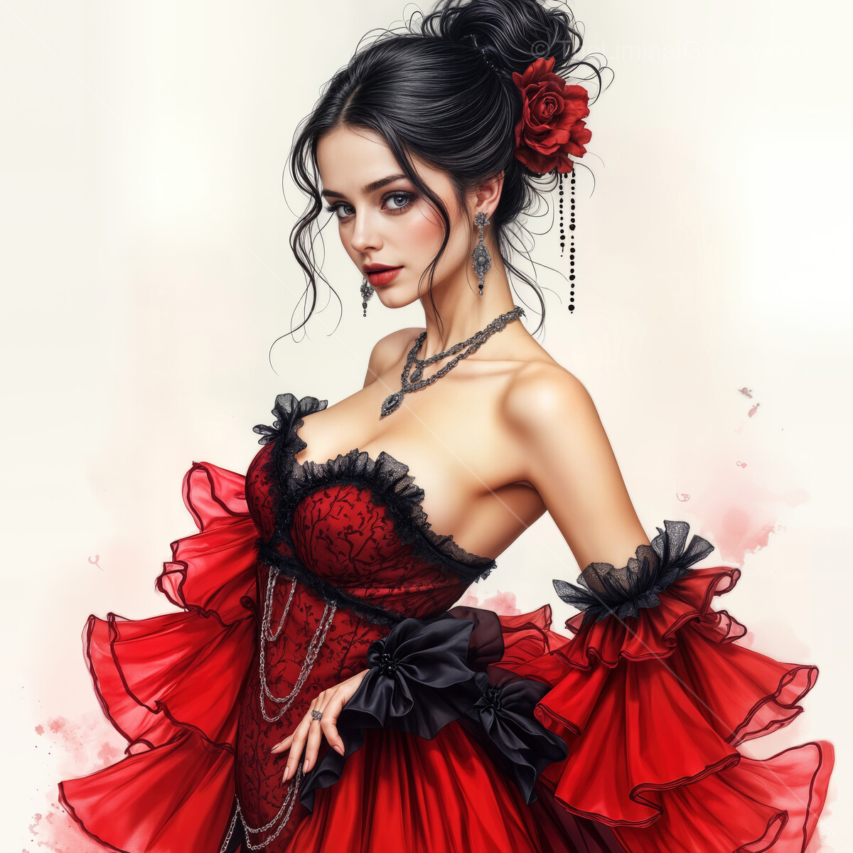 Captivating flamenco dancer adorned in vibrant red ruffles showcases elegant style and passion in a mesmerizing watercolor backdrop