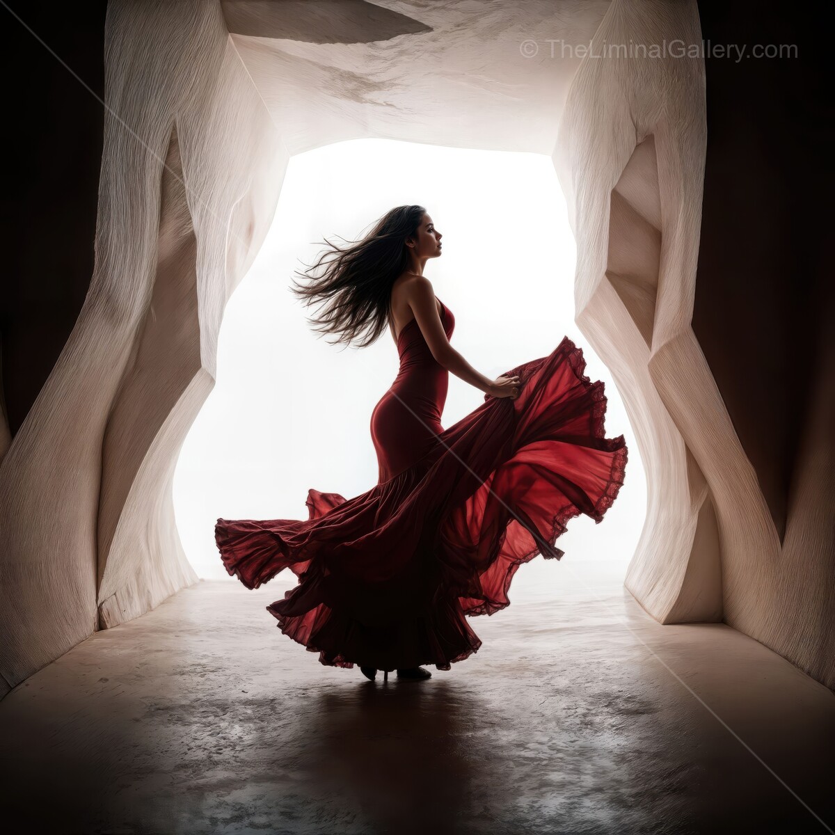 Flamenco dancer in stunning red dress spins in a mysterious cave at dawn, showcasing the beauty of tradition and passion