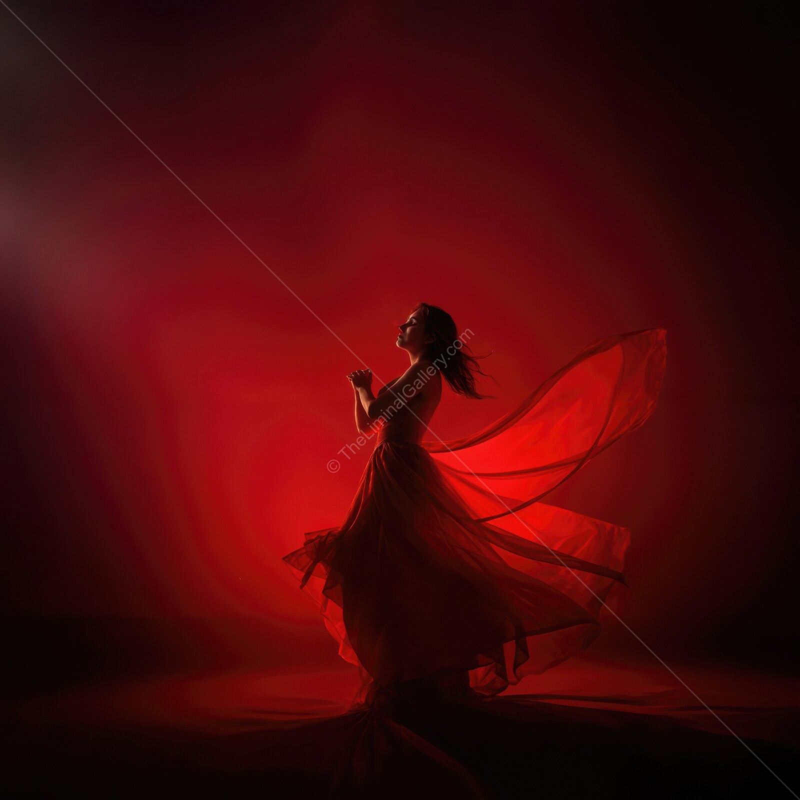 Dancer in a flowing red gown gracefully twirls amidst a dramatic backdrop of crimson hues