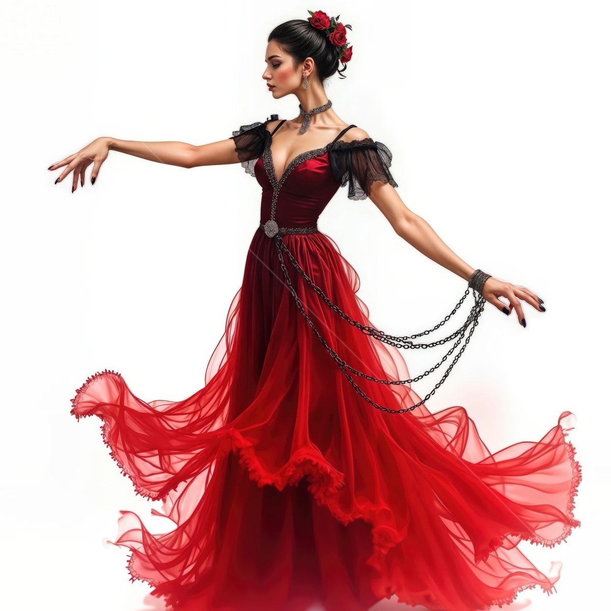 Flamenco dancer in a flowing red gown gracefully expresses passion and movement through artful watercolor strokes