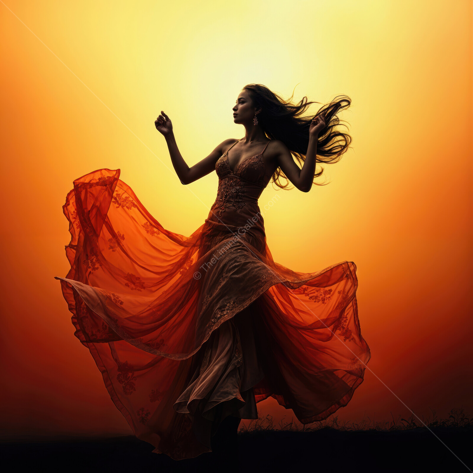 Dancer whirling gracefully in a flowing orange dress against a vibrant sunset backdrop