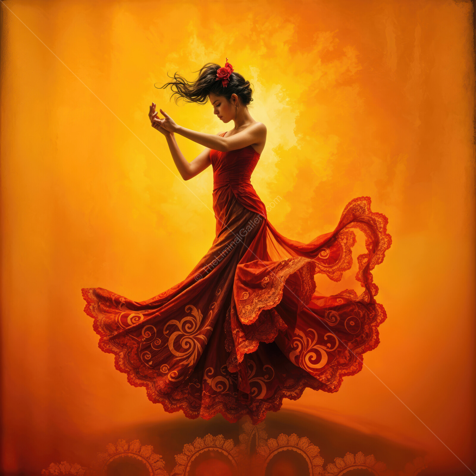 Dancer in a flowing red dress celebrates life against a vibrant sunset backdrop