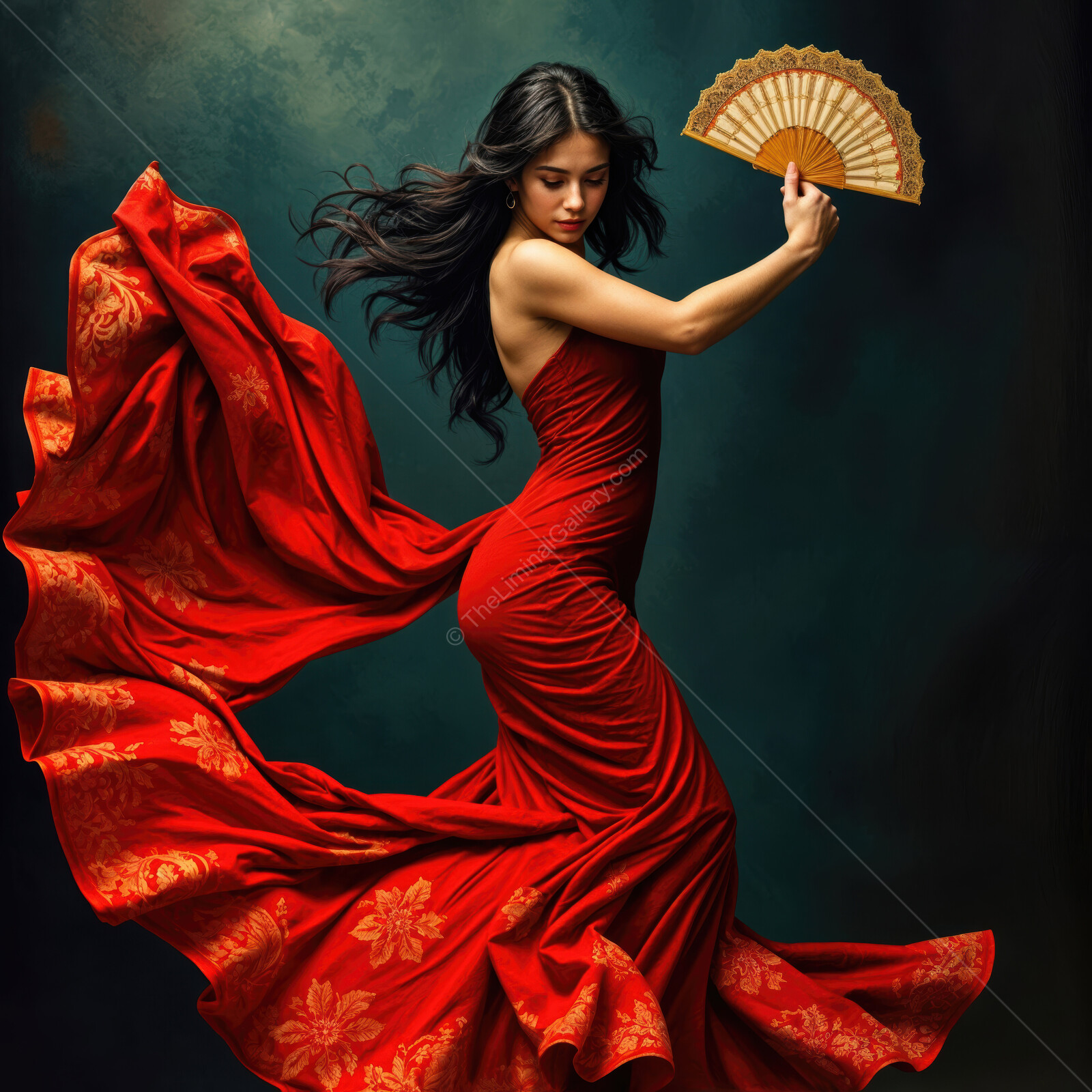 Dancer in a flowing red gown gracefully twirls with a fan in a dramatic, ethereal setting