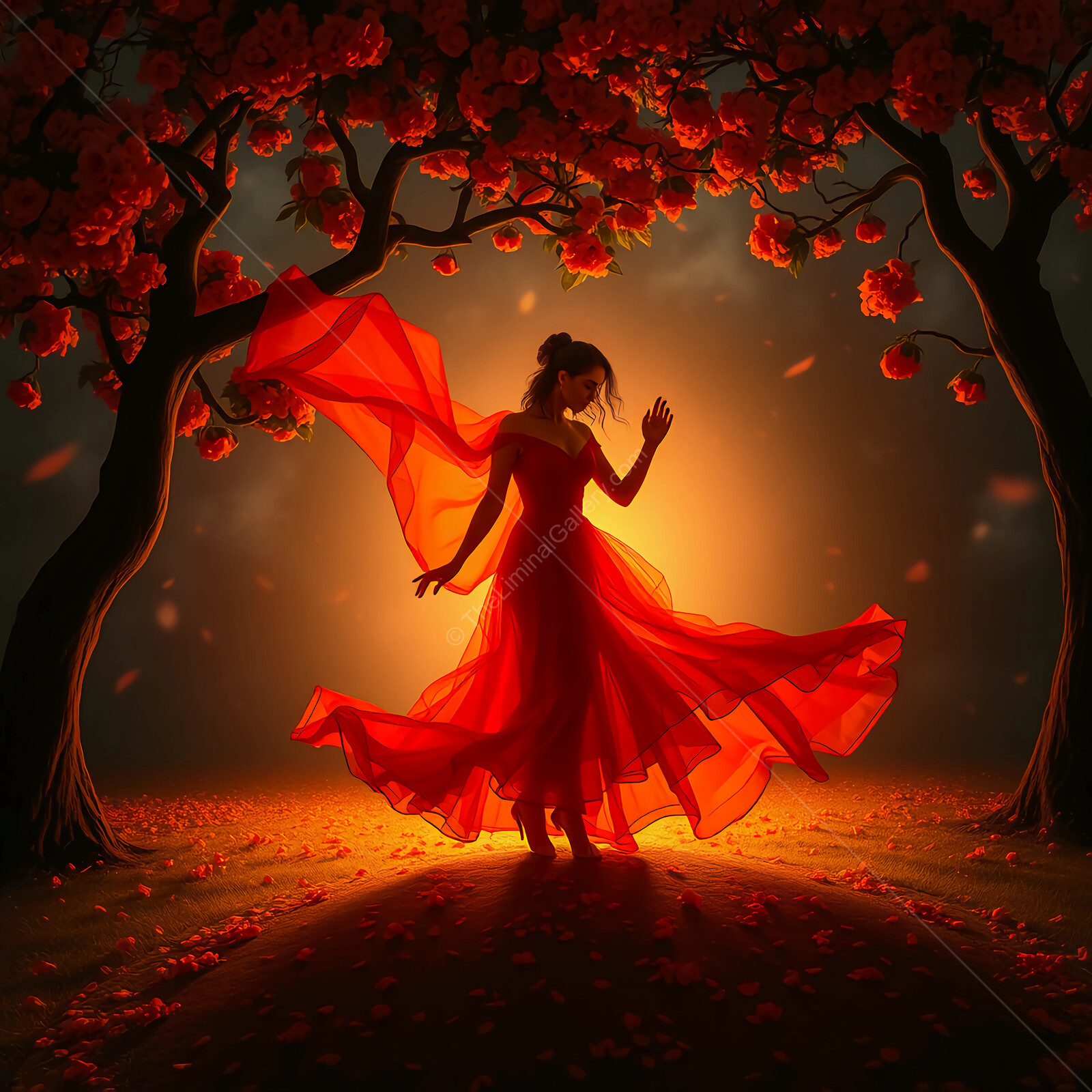 Dancer in a flowing red gown twirls amidst luminous blossoms at twilight