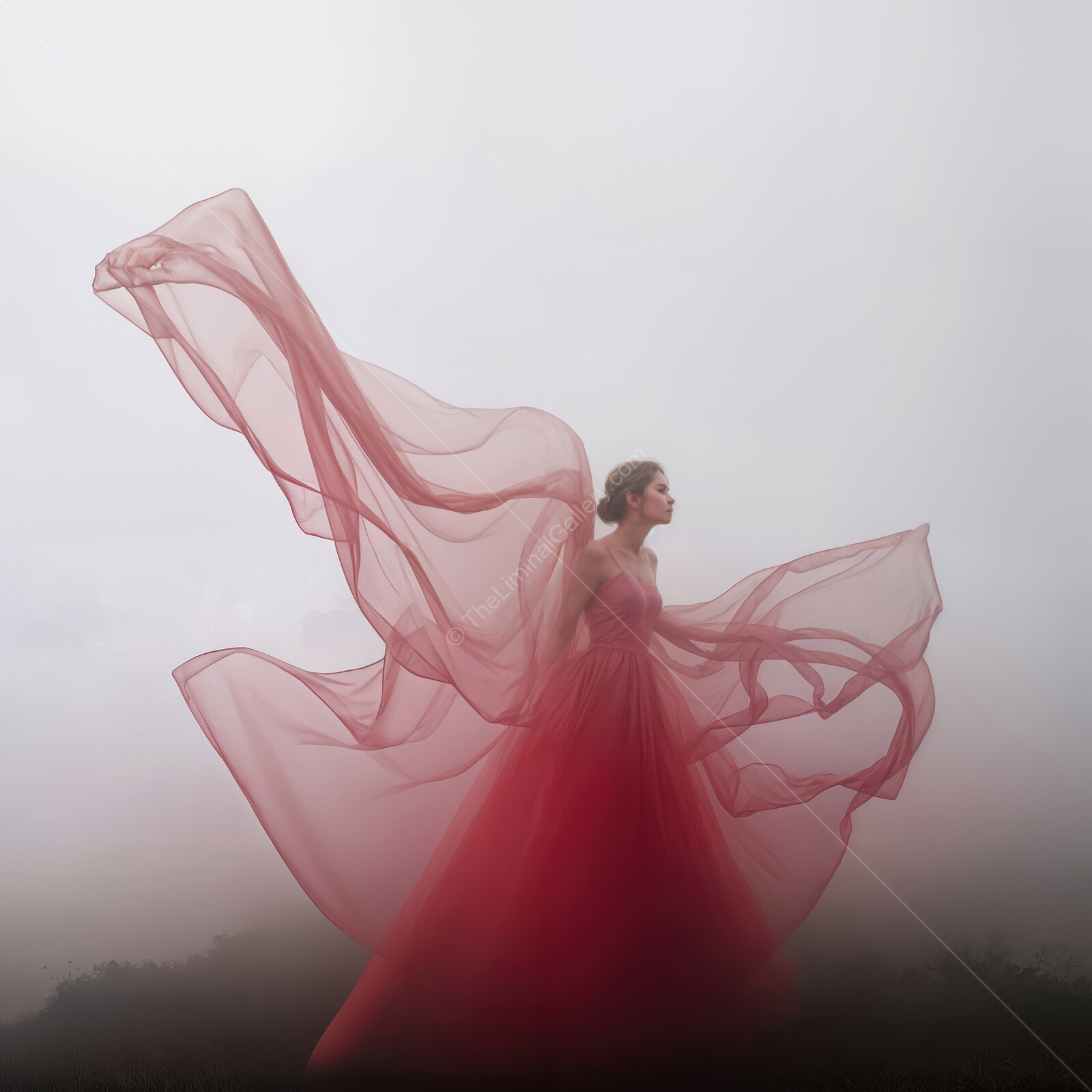 Enigmatic dancer swirls in a flowing red dress amidst a foggy landscape at dawn