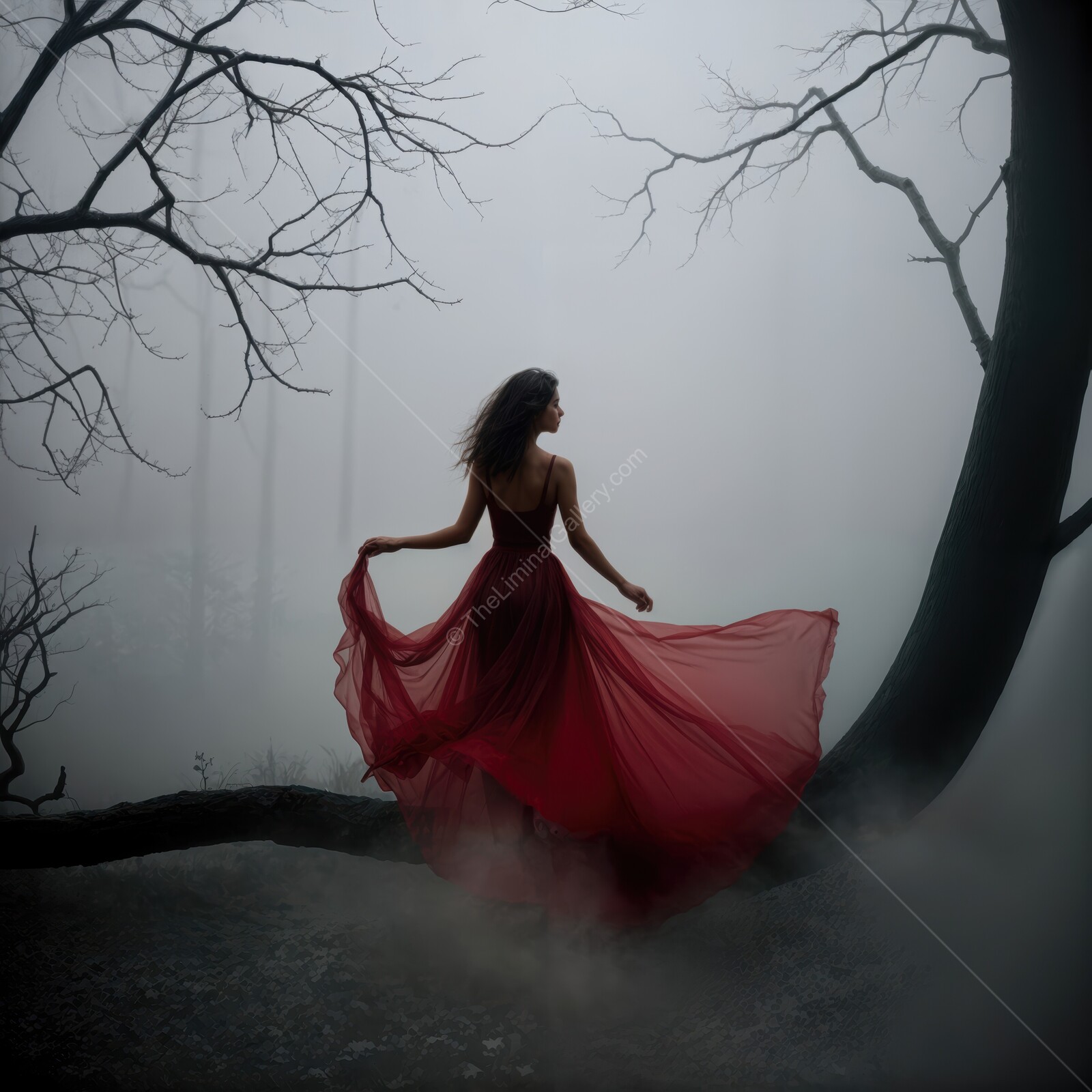Graceful dancer in a flowing red gown sways among foggy trees during twilight