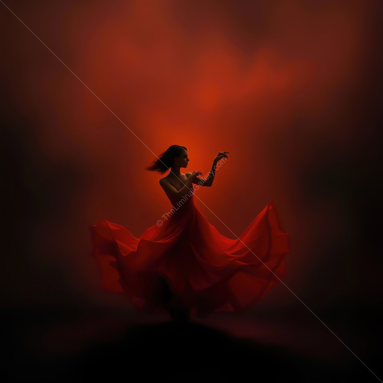 Dancer in a flowing red dress illuminated by a warm glowing backdrop during twilight