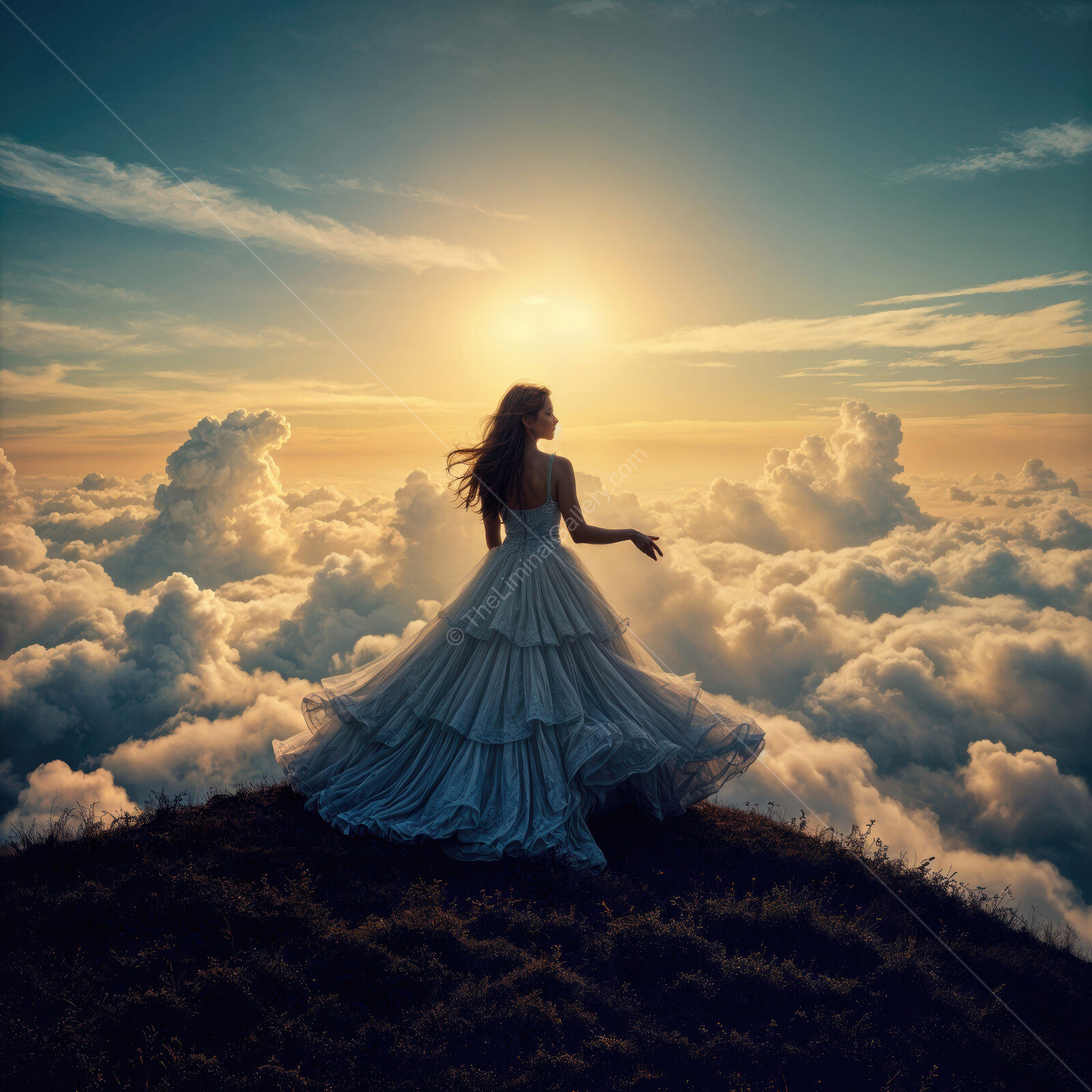 Dancer in a flowing gown embraces the golden glow above a sea of clouds