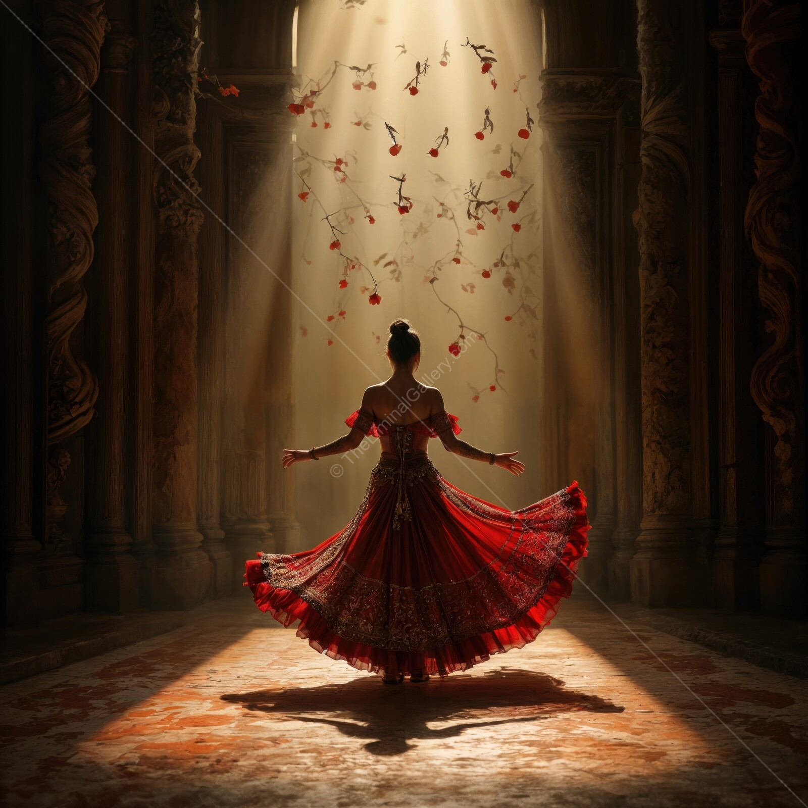 Flamenco dancer in a vibrant red dress twirls gracefully under cascading musical notes in a dimly lit grand hall
