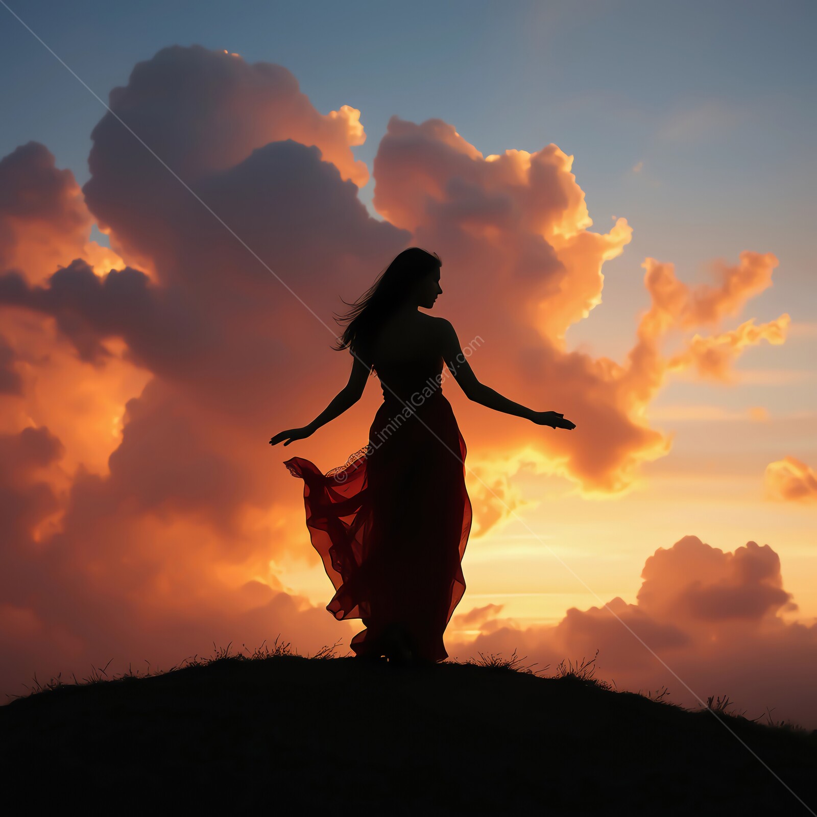 Dancer twirls on hilltop at sunset surrounded by colorful clouds and vibrant hues of the evening sky