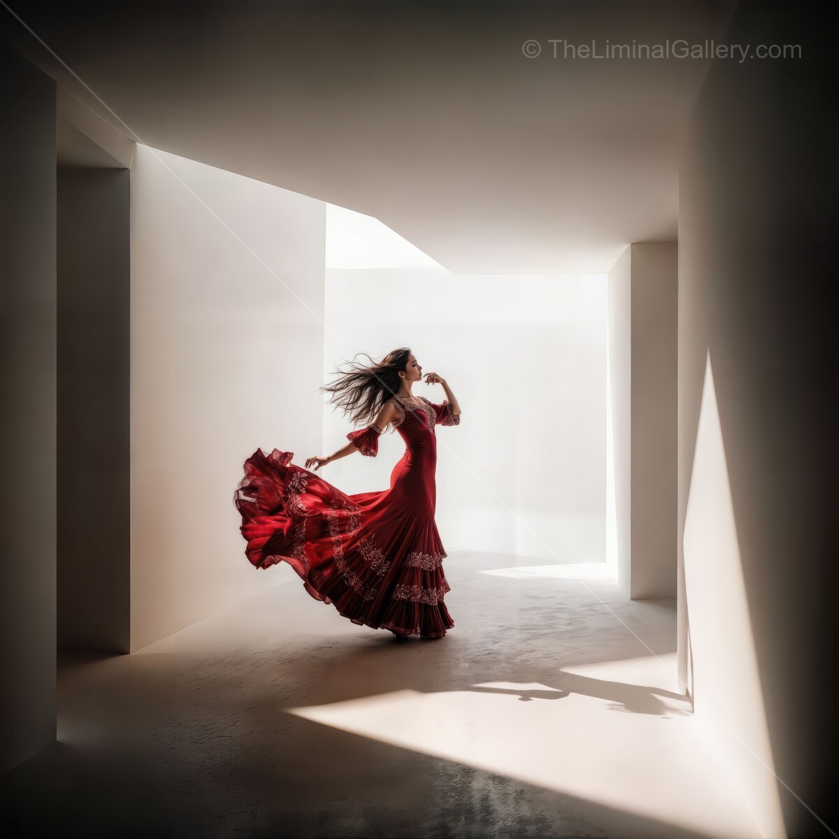 Flamenco dancer twirls in a liminal space of light and shadow, showcasing vibrant movement and traditional elegance