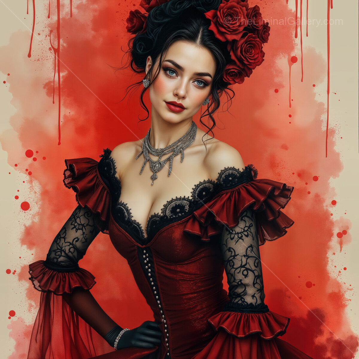 Flamenco dancer with roses infusing vibrant colors into an artistic evening performance in the heart of Spain