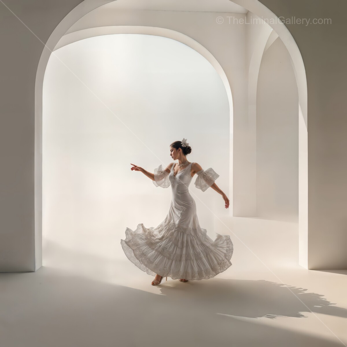 Flamenco dancer gracefully moves in an ethereal, liminal space, capturing the spirit of traditional art in modern elegance
