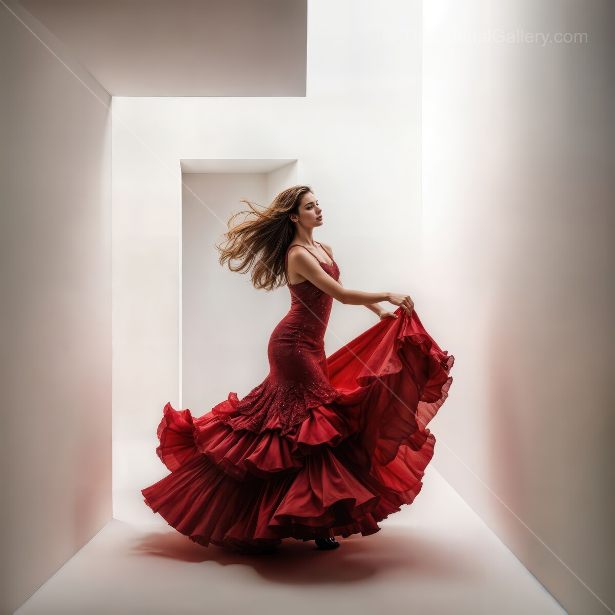 Flamenco dancer in a liminal space gracefully twirls in a vibrant red dress