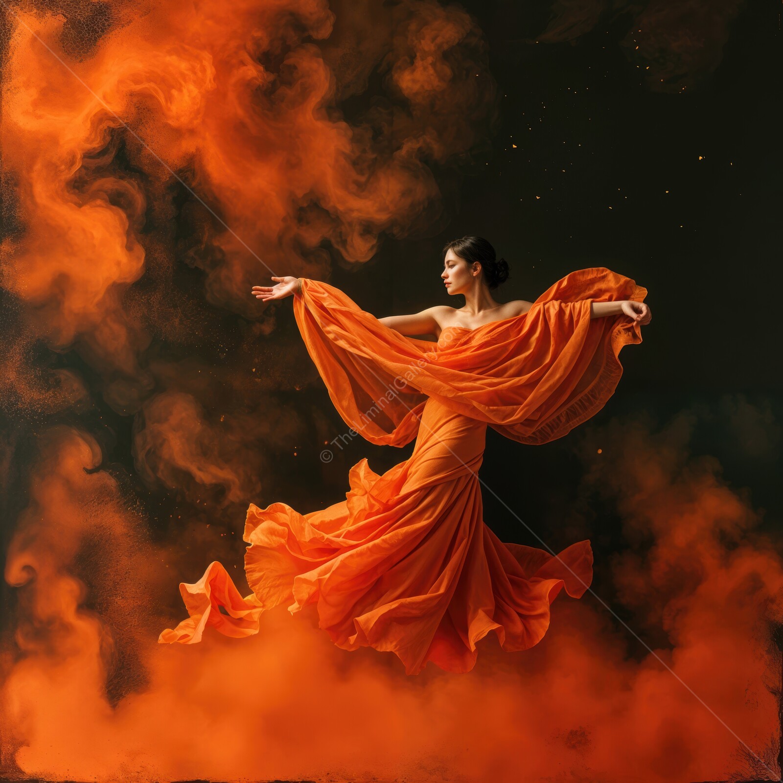 Elegant dancer in vibrant orange gown swirls in a cloud of orange mist during a mesmerizing performance at sunset