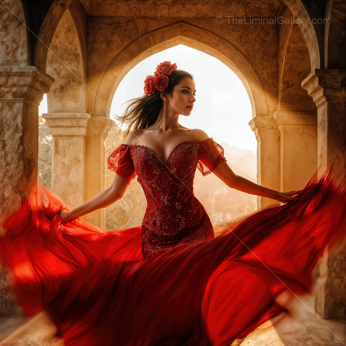 Captivating flamenco dancer twirls gracefully in a stunning red dress at sunset in an ancient stone archway