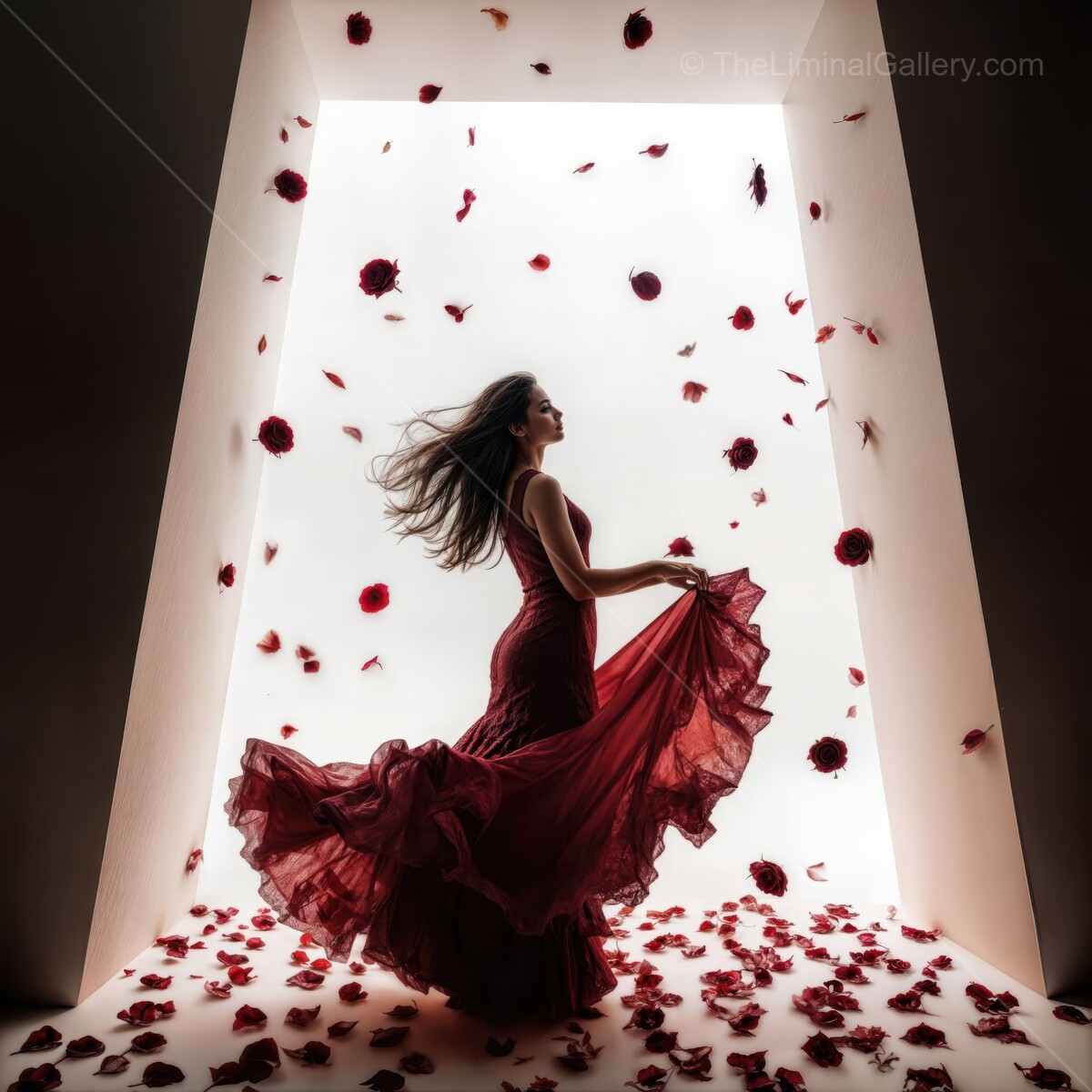 Flamenco dancer twirls gracefully amidst a cascade of petals in a surreal, liminal space