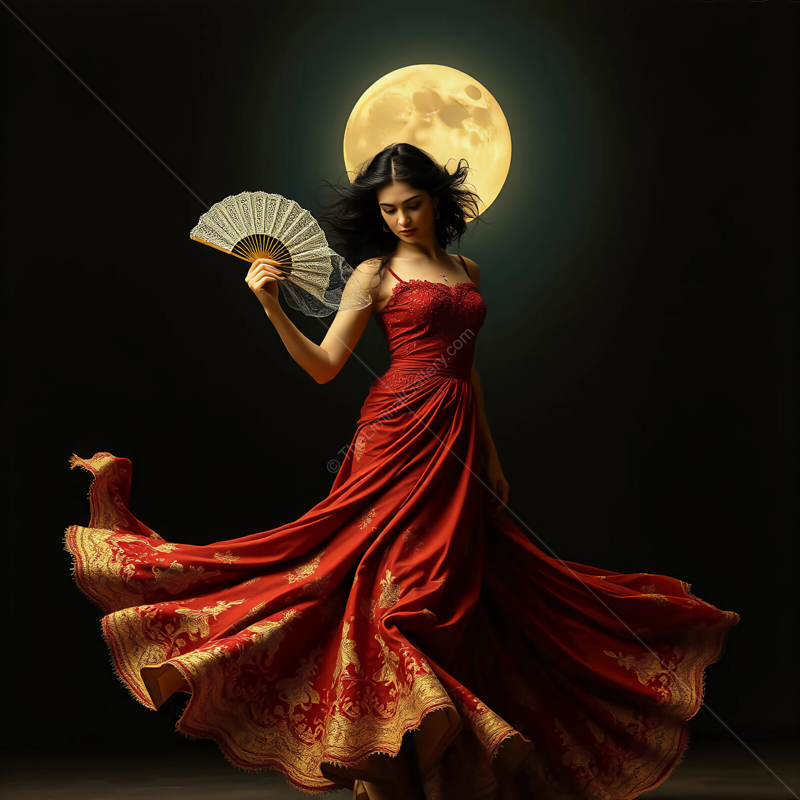 Dancer in a flowing red dress twirls gracefully with a fan under the glowing moonlight