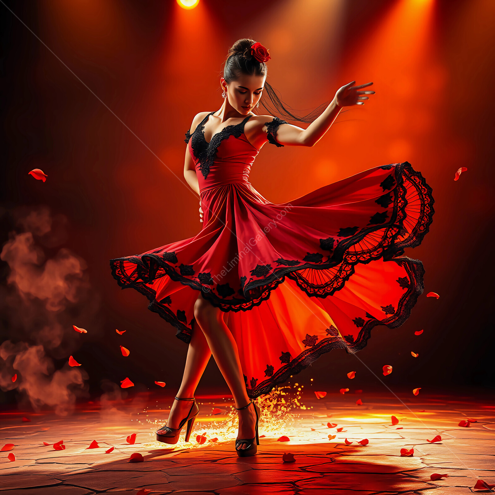 Captivating female flamenco dancer performs under spotlight in vibrant red dress surrounded by petals