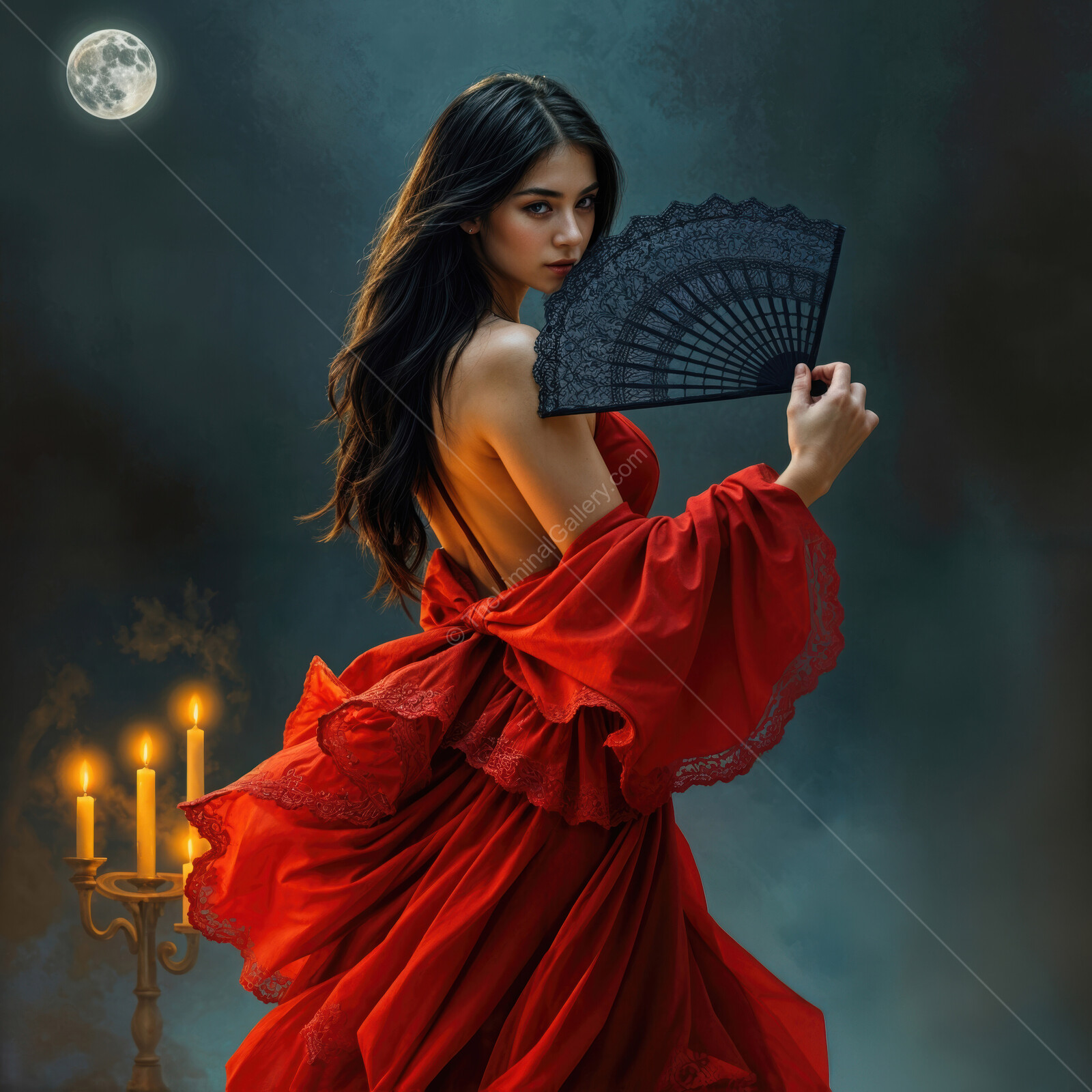 Captivating woman dancer in a flowing red gown with a black fan under the moonlight near flickering candles
