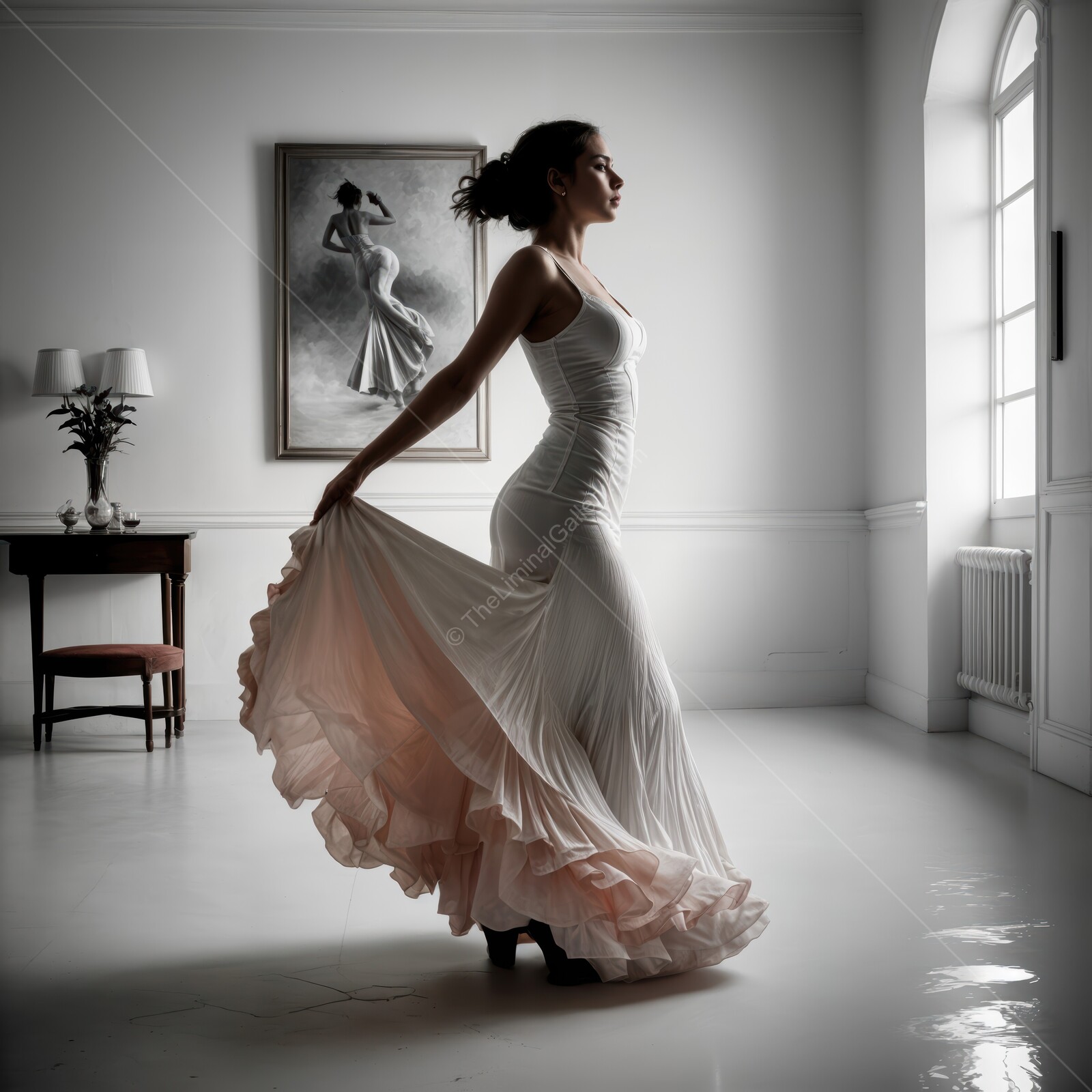 Elegant dancer twirls gracefully in a serene room with monochrome accents and soft light