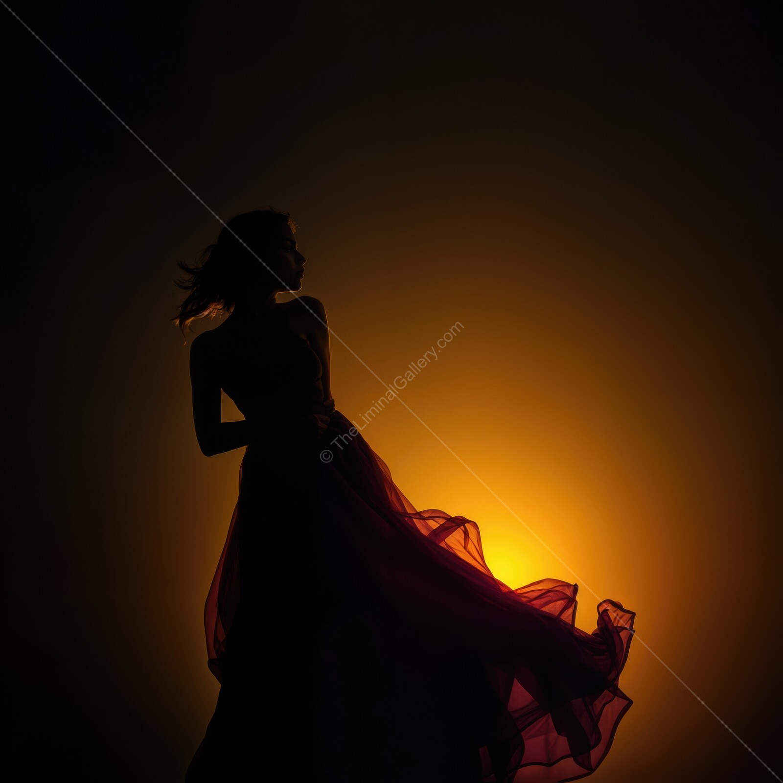 Dancer in flowing dress casts a silhouette against a vibrant sunset background