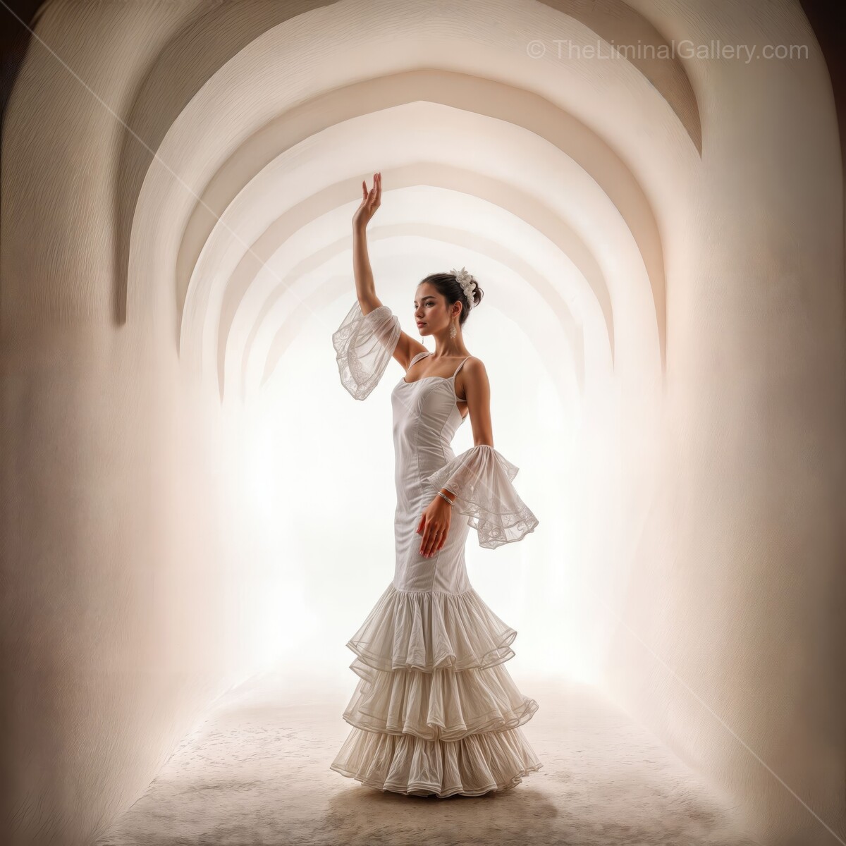 Flamenco dancer captivates in a dreamlike setting with elegant movements and flowing dress