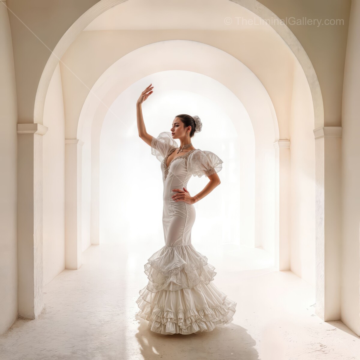 Flamenco dancer in a liminal space radiating grace and passion with soft white light enveloping her vibrant presence