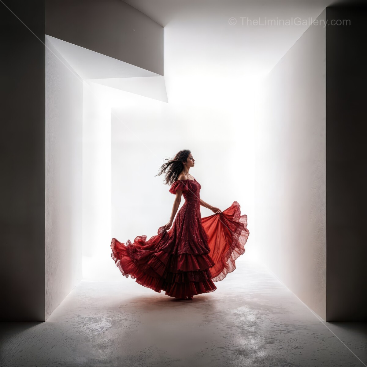 Flamenco dancer swirling gracefully in a luminous hallway at dusk