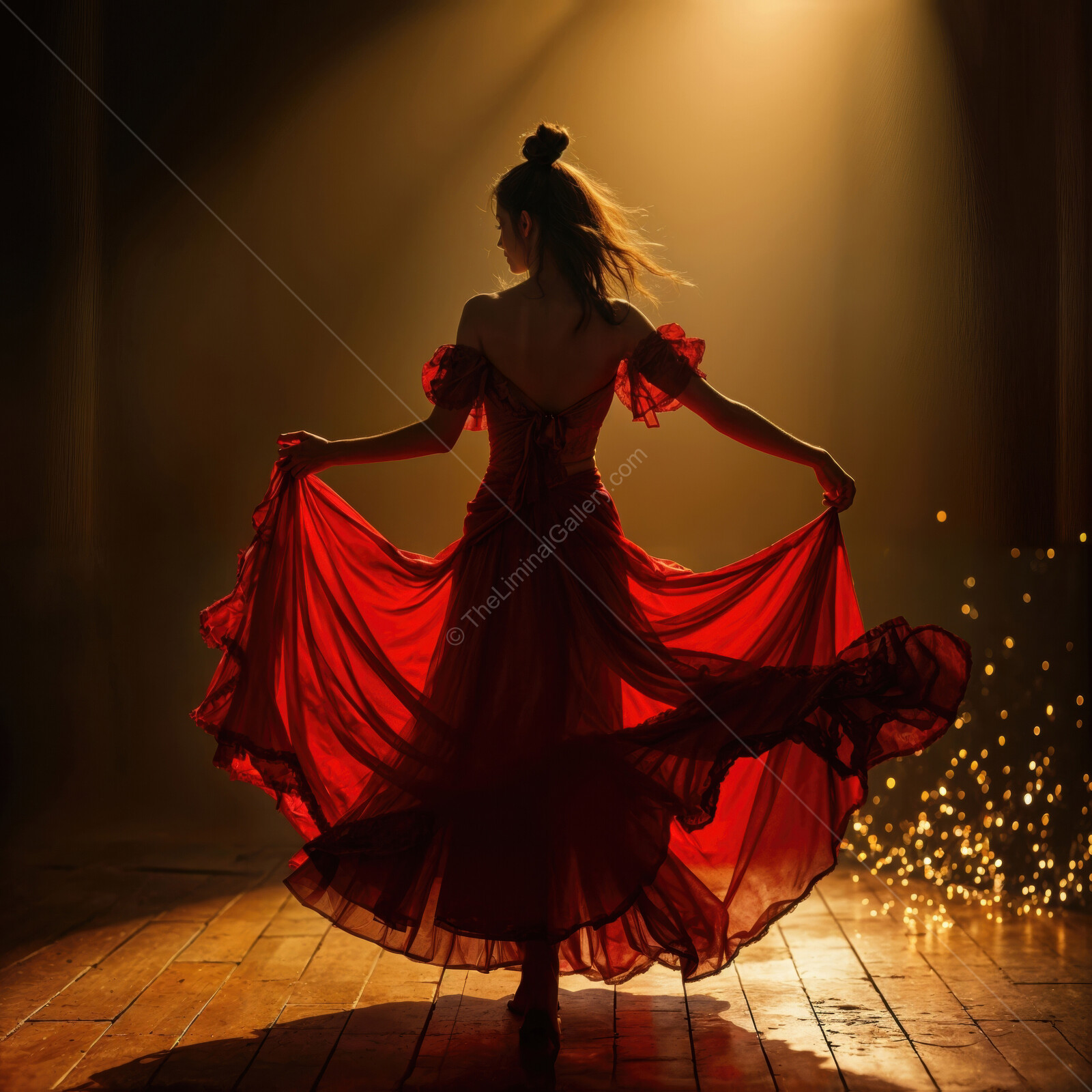 Enchanting dancer twirls in a vibrant red dress under a spotlight during a captivating performance at night