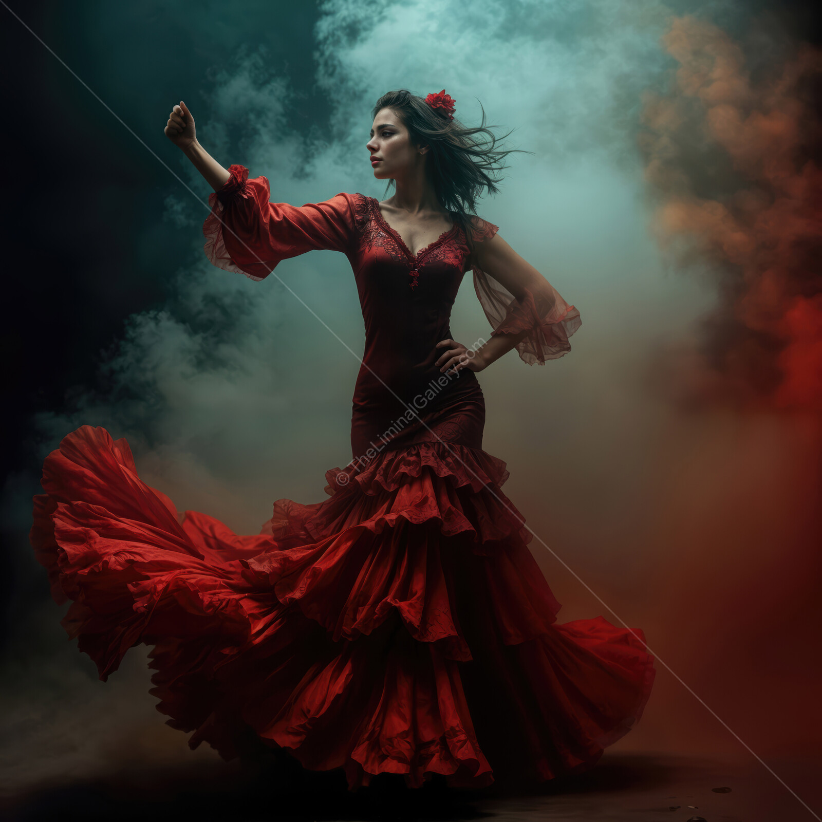 Elegant dancer in a dramatic red dress twirls gracefully amidst swirling smoke