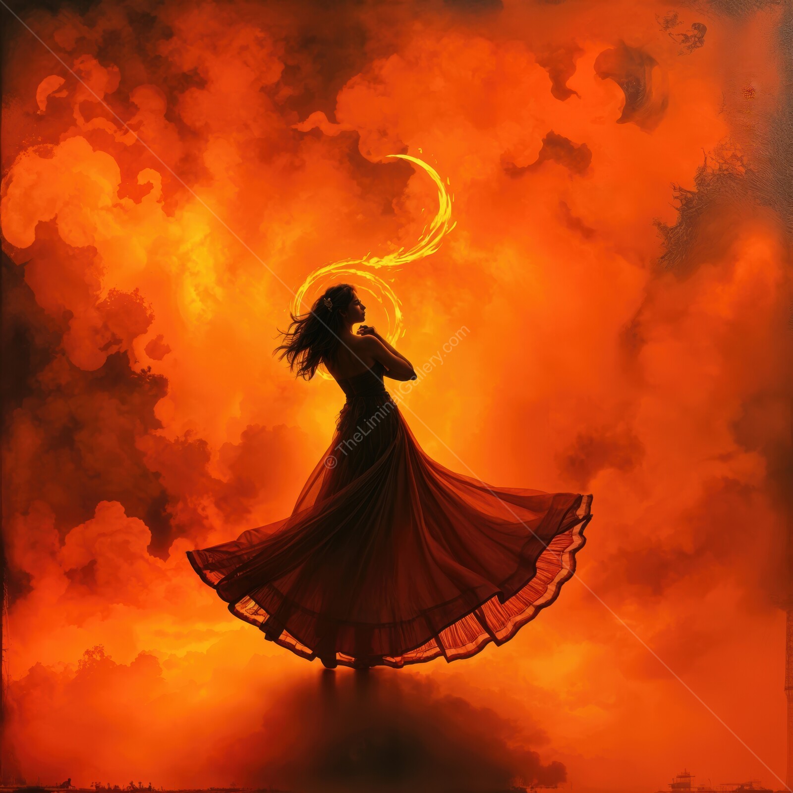 Dancer twirls gracefully amidst vibrant flames in an enchanting display of passion and movement
