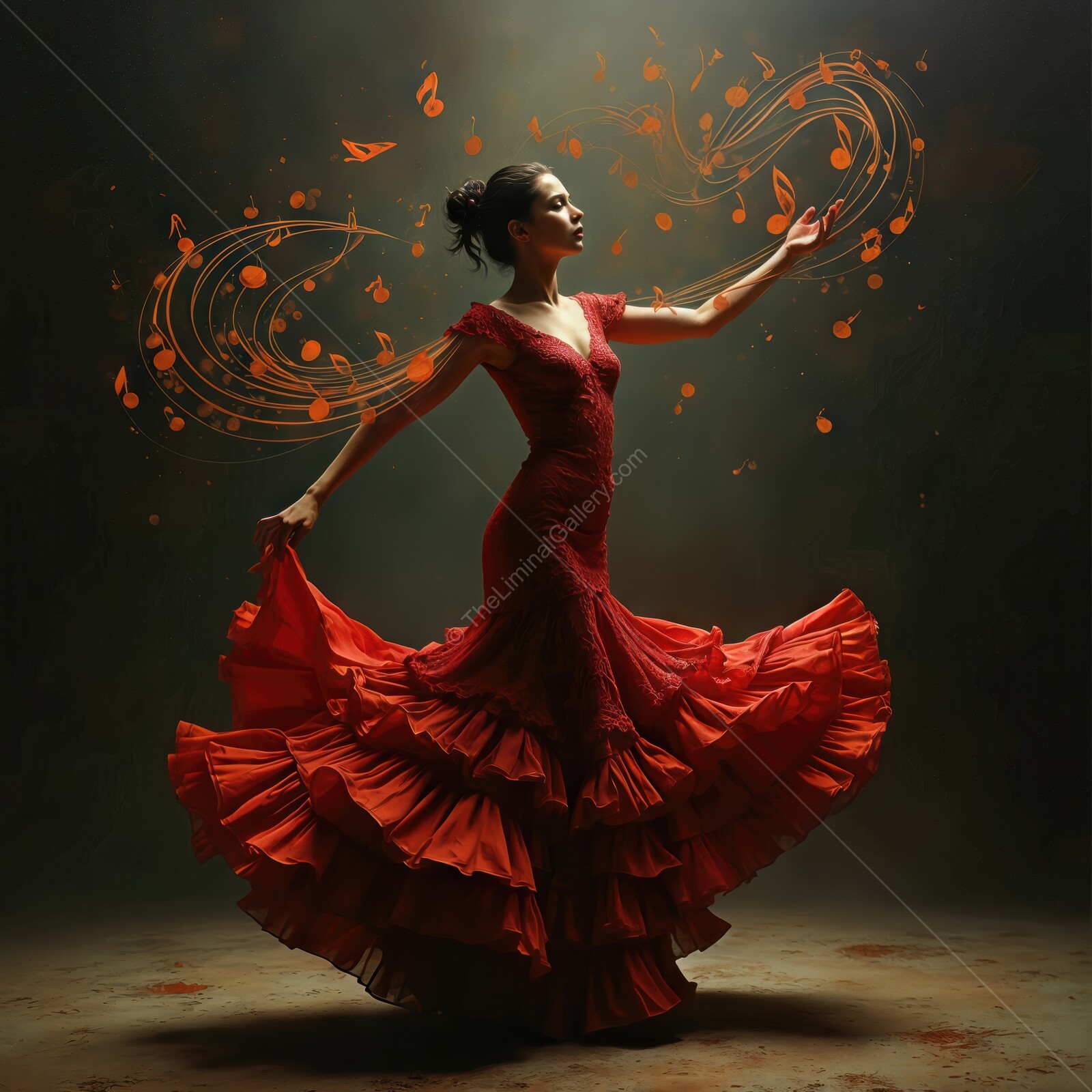 Flamenco dancer twirls gracefully in vibrant red dress surrounded by musical notes and leaves