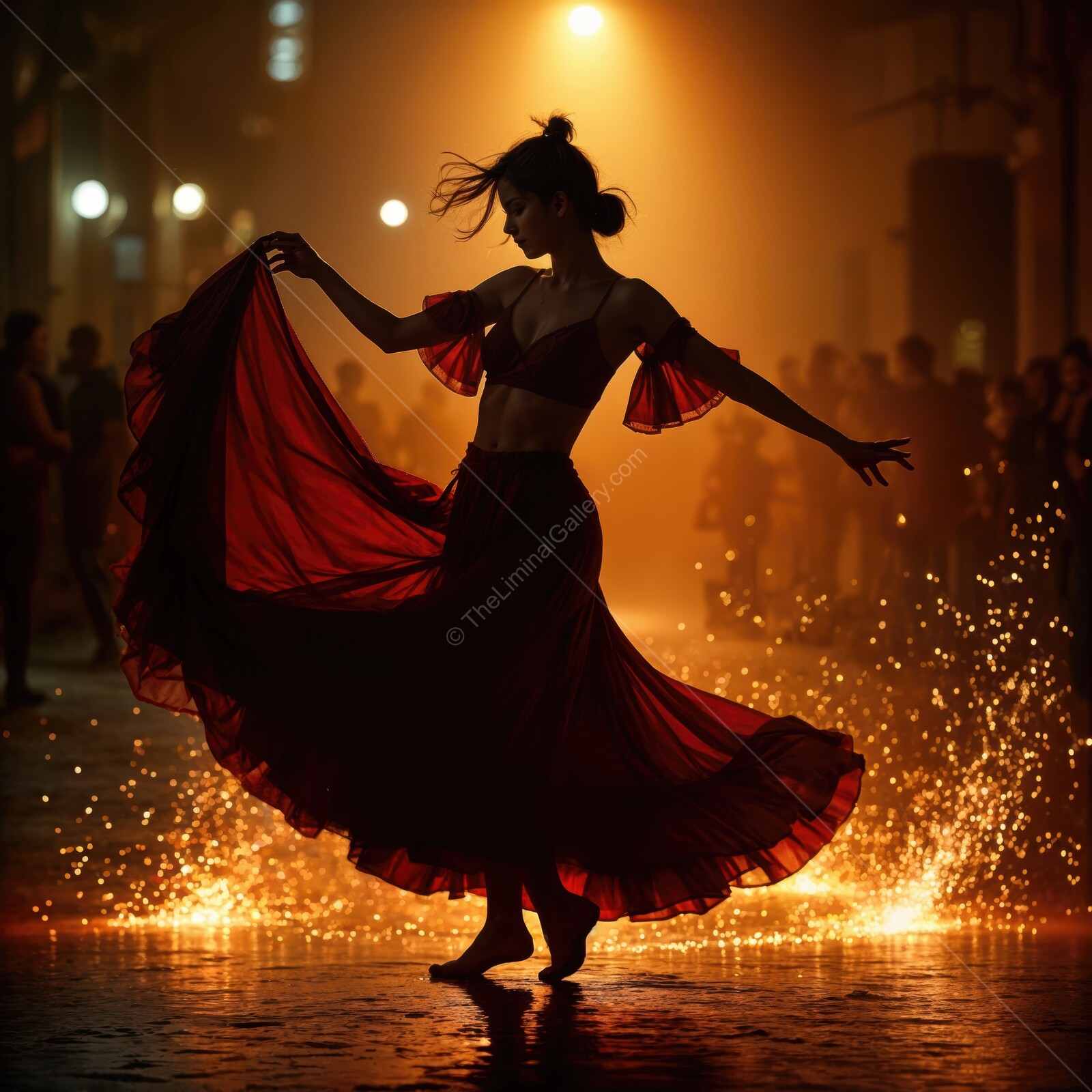 Captivating female dancer twirls gracefully in a vibrant red dress among dazzling sparks at night