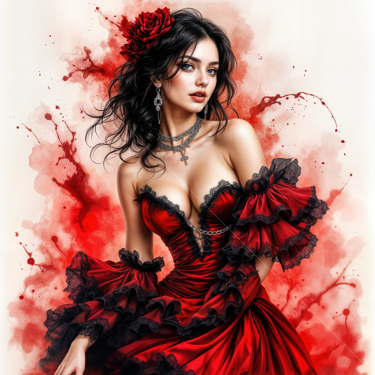 Flamenco dancer in a striking red dress adorned with roses, captured in vibrant watercolors and swirling splashes of color