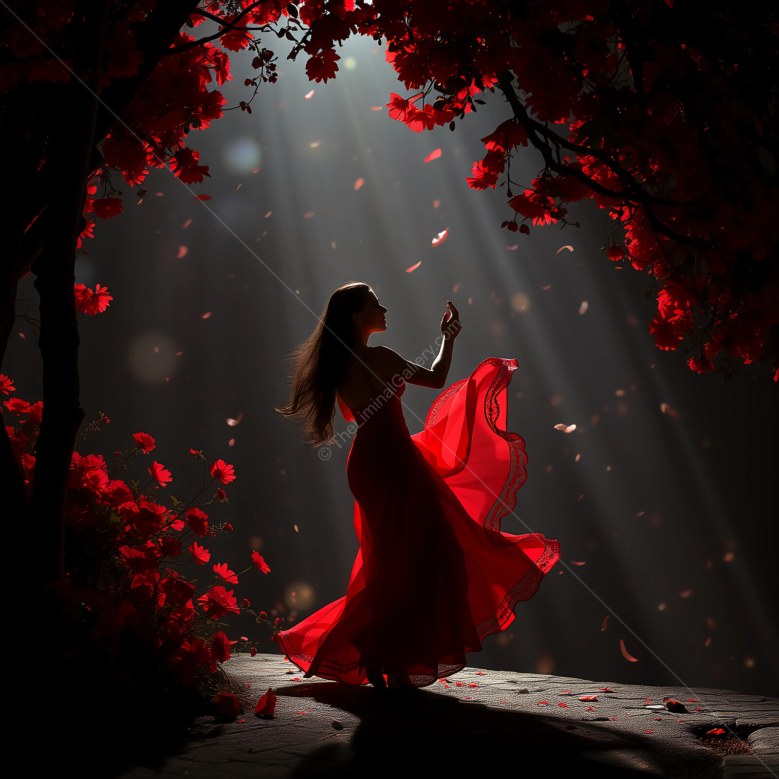 Dancing gracefully amidst blooming cherry blossoms under shimmering light beams