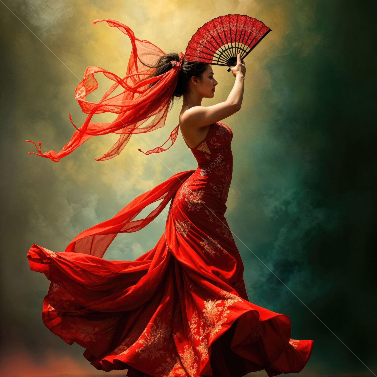 Elegant dancer twirls gracefully in a vibrant red dress with flowing fabric and a decorative fan in a mystical atmosphere