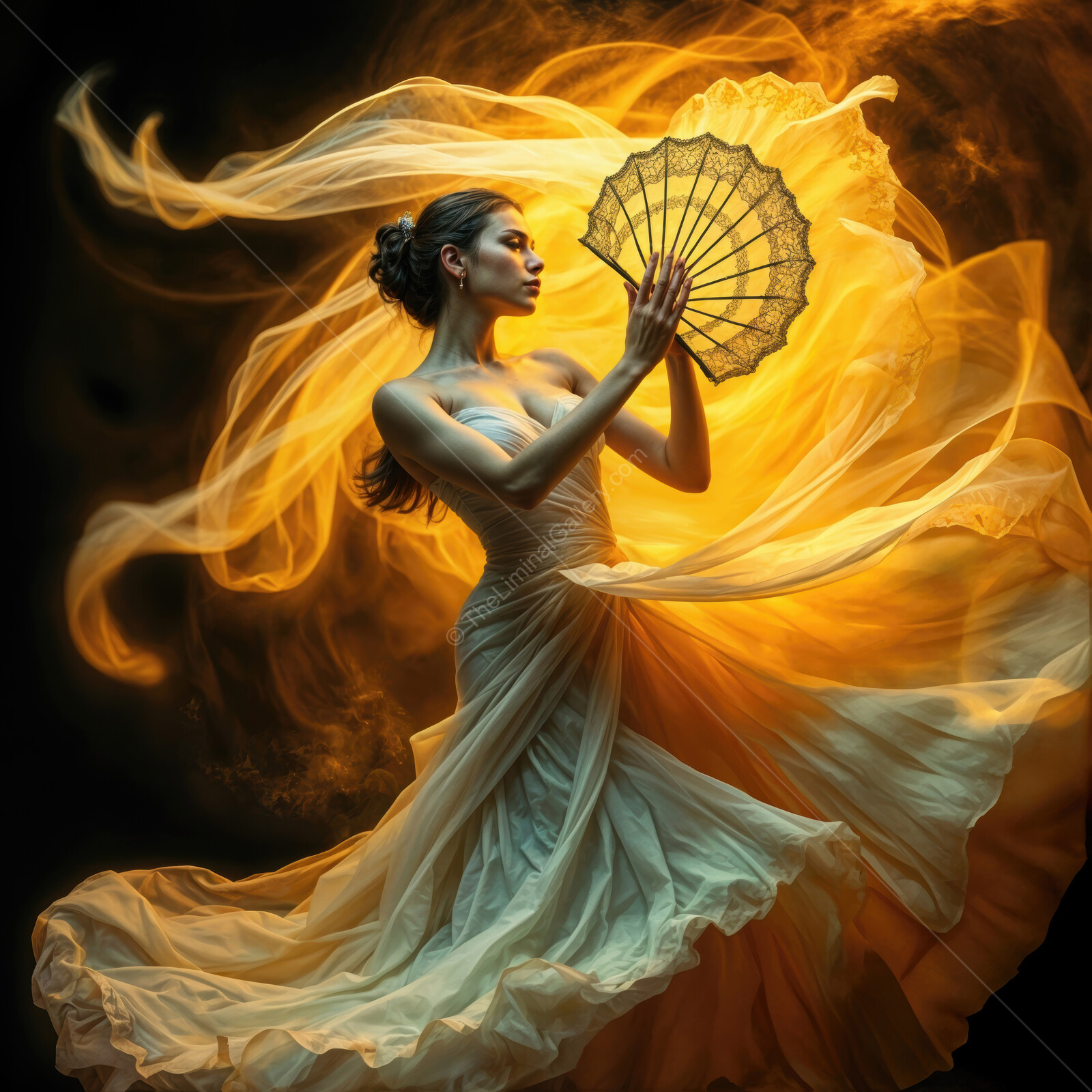 Enchanted dancer gracefully twirls with a fan amid swirling golden fabric in a captivating display of art and movement