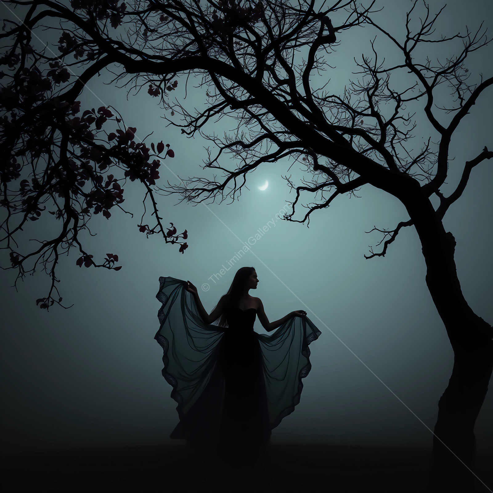 Enigmatic silhouette dances under the moonlight amidst a misty landscape