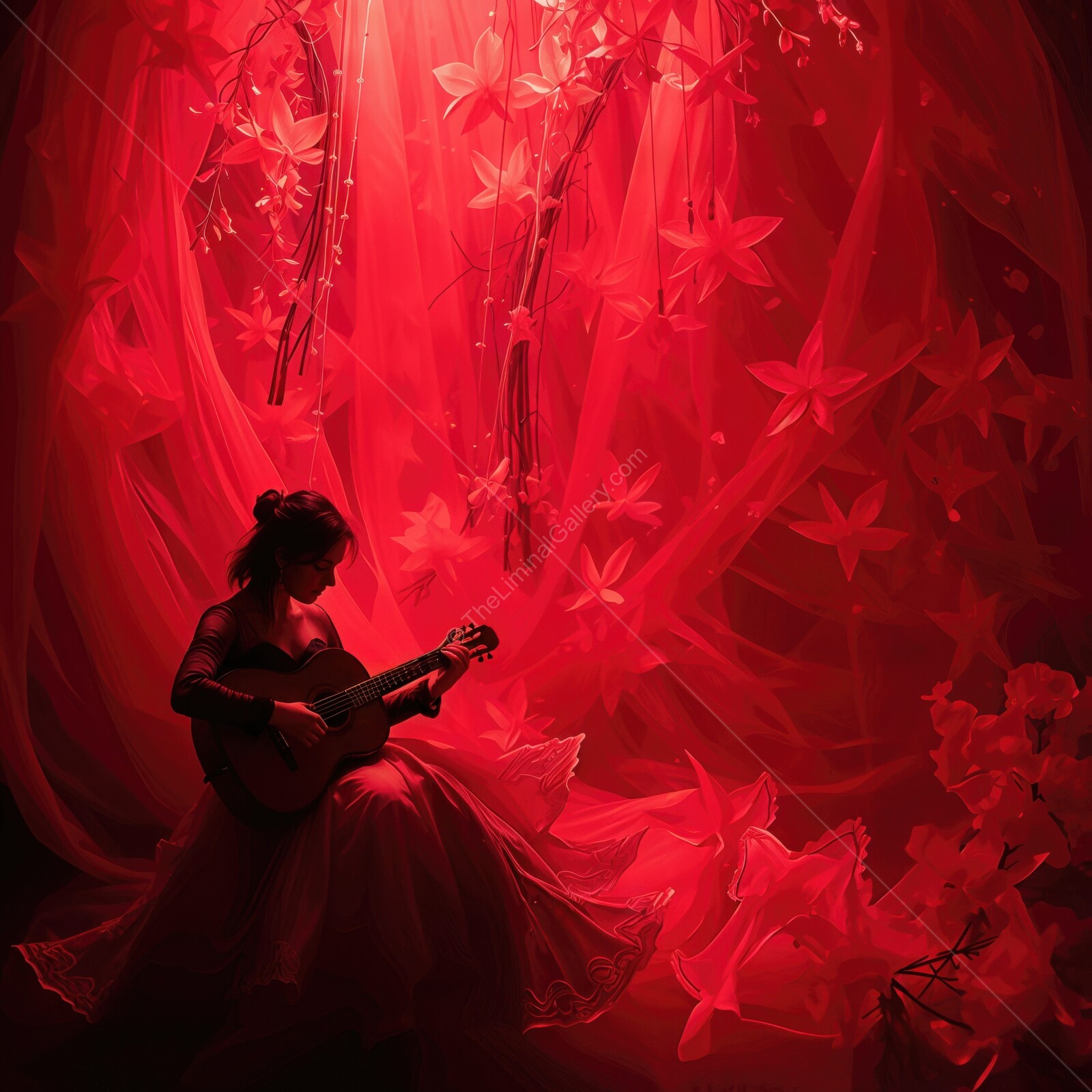 Enchanting evening serenade under a canopy of red blossoms and soft lights