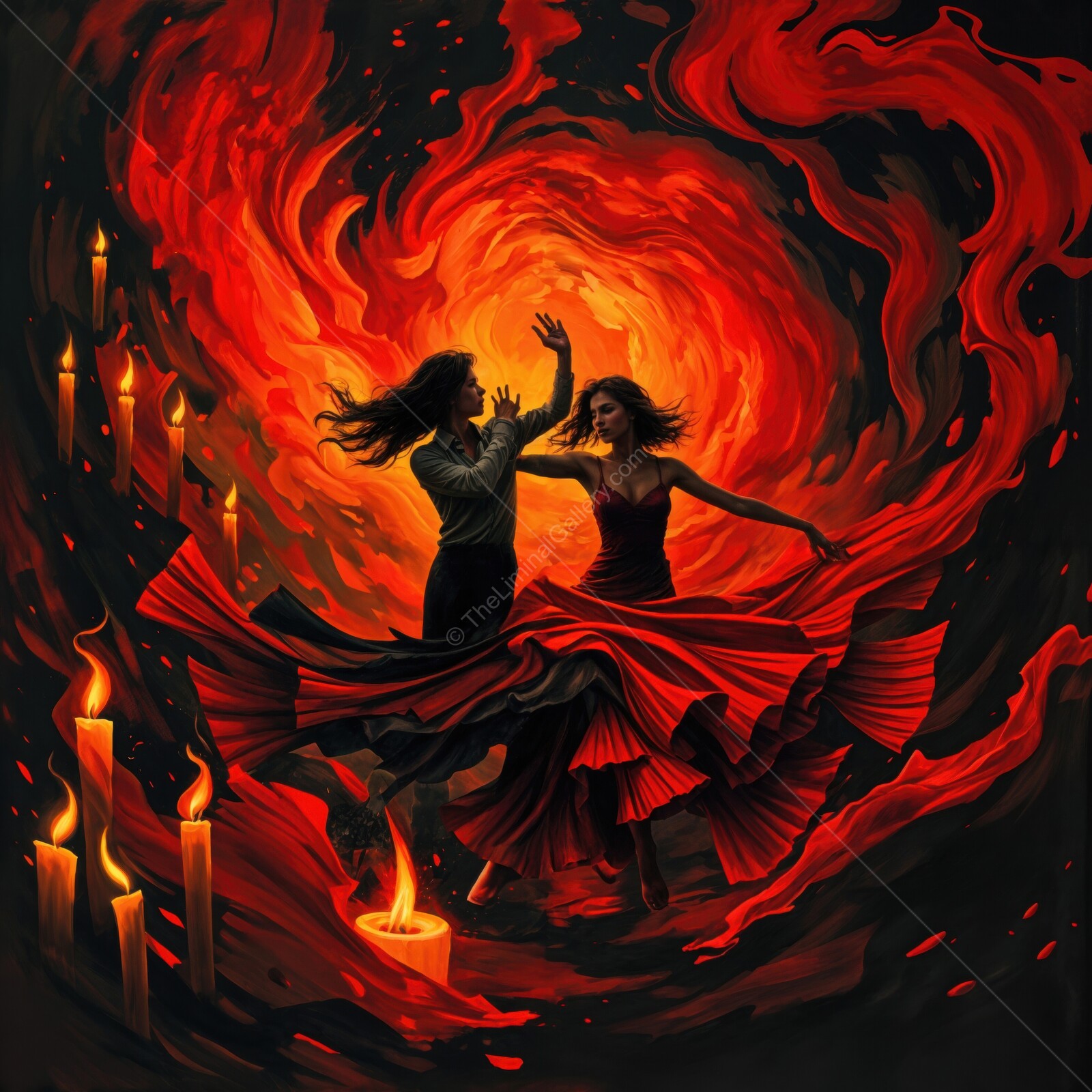 Passionate Flamenco dancers twirl in firelight, enveloped in swirling red and orange hues at an evening festival