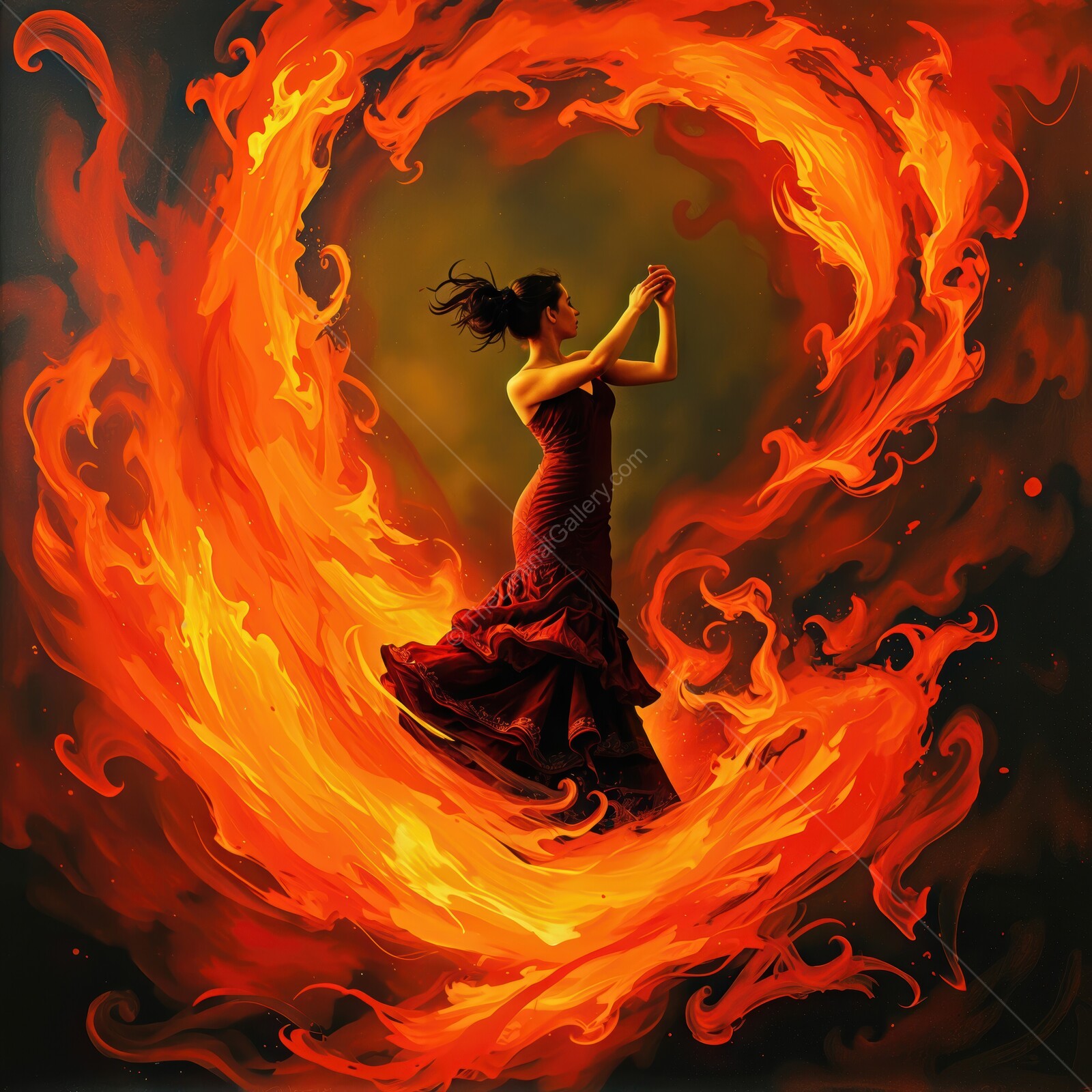Fiery Flamenco dancer gracefully performs amid swirling flames in an enchanting display of artistry and passion